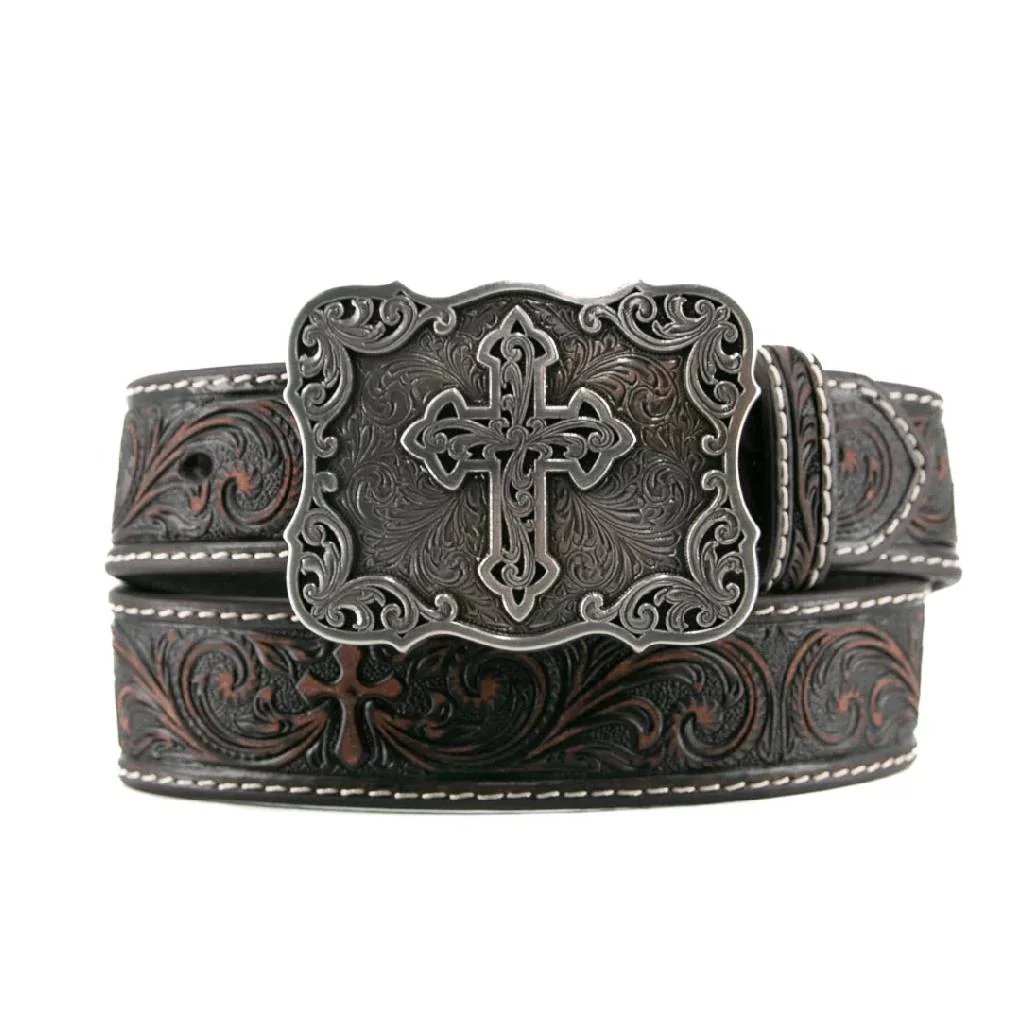 Nocona Girl's 1 1/4" Embossed Cross Buckle Brown Belt