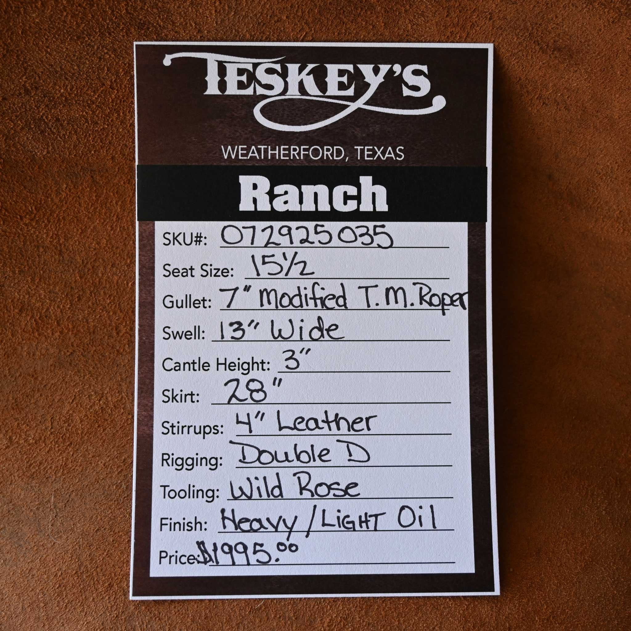 15.5" TESKEY'S RANCH ROPER SADDLE - Image 3