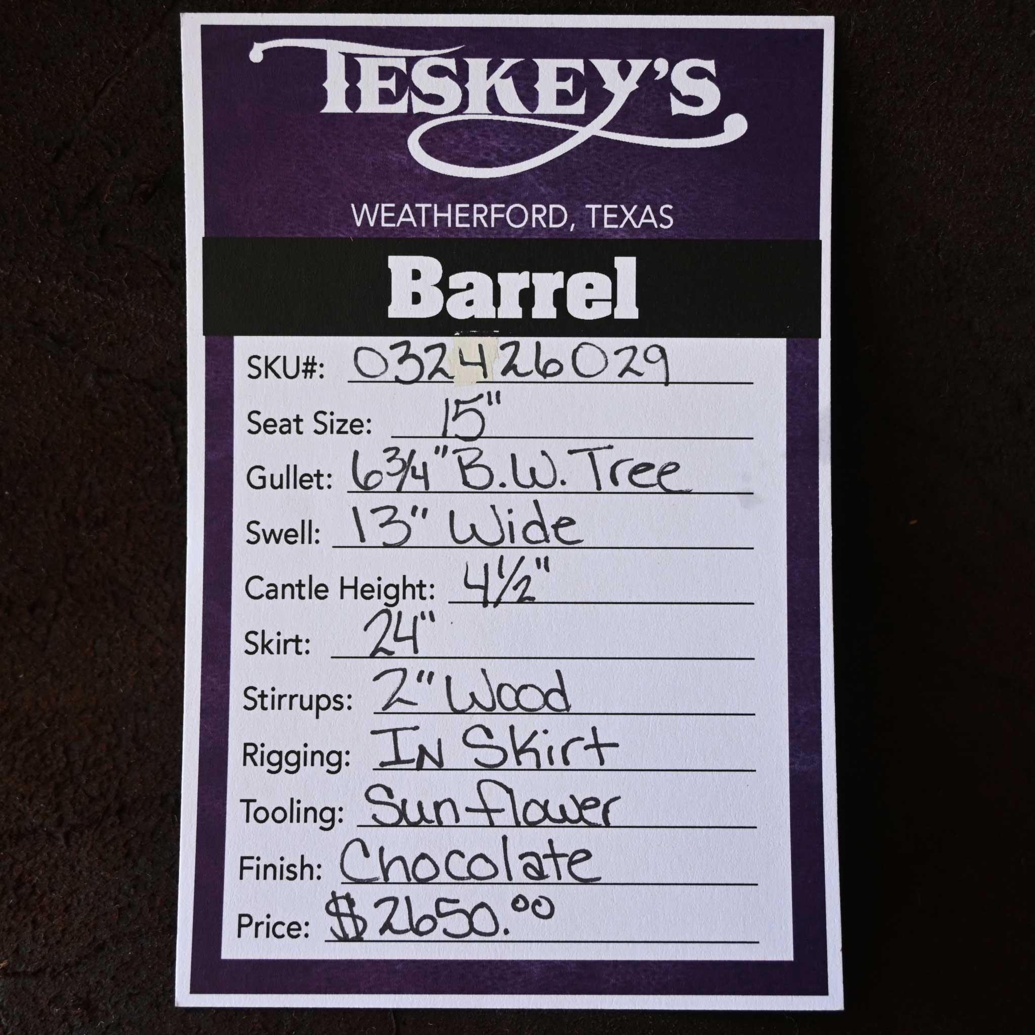 15" TESKEY'S BARREL SADDLE - Image 3
