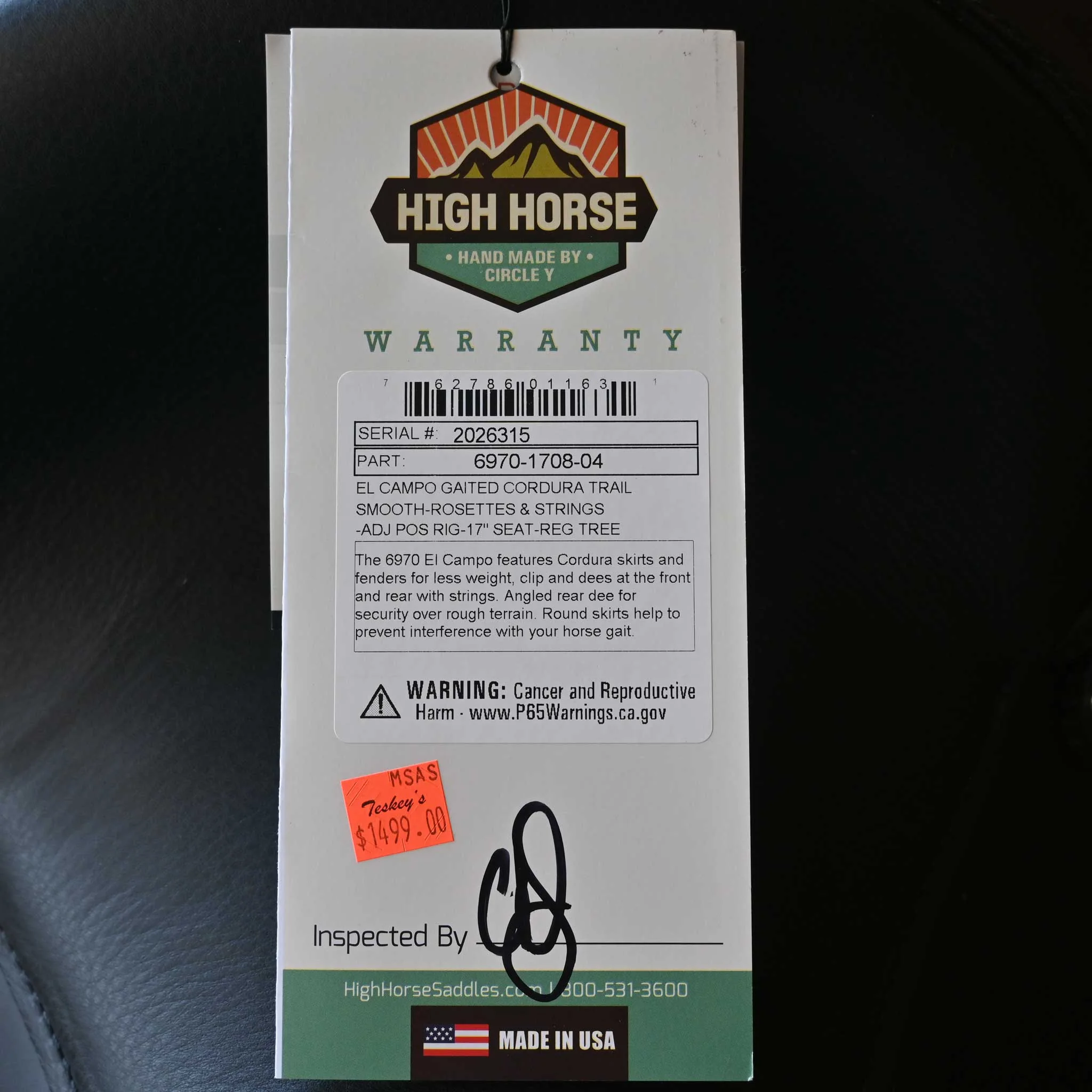 17" HIGH HORSE EL CAMPO GAITED CORDURA TRAIL SADDLE - Image 3