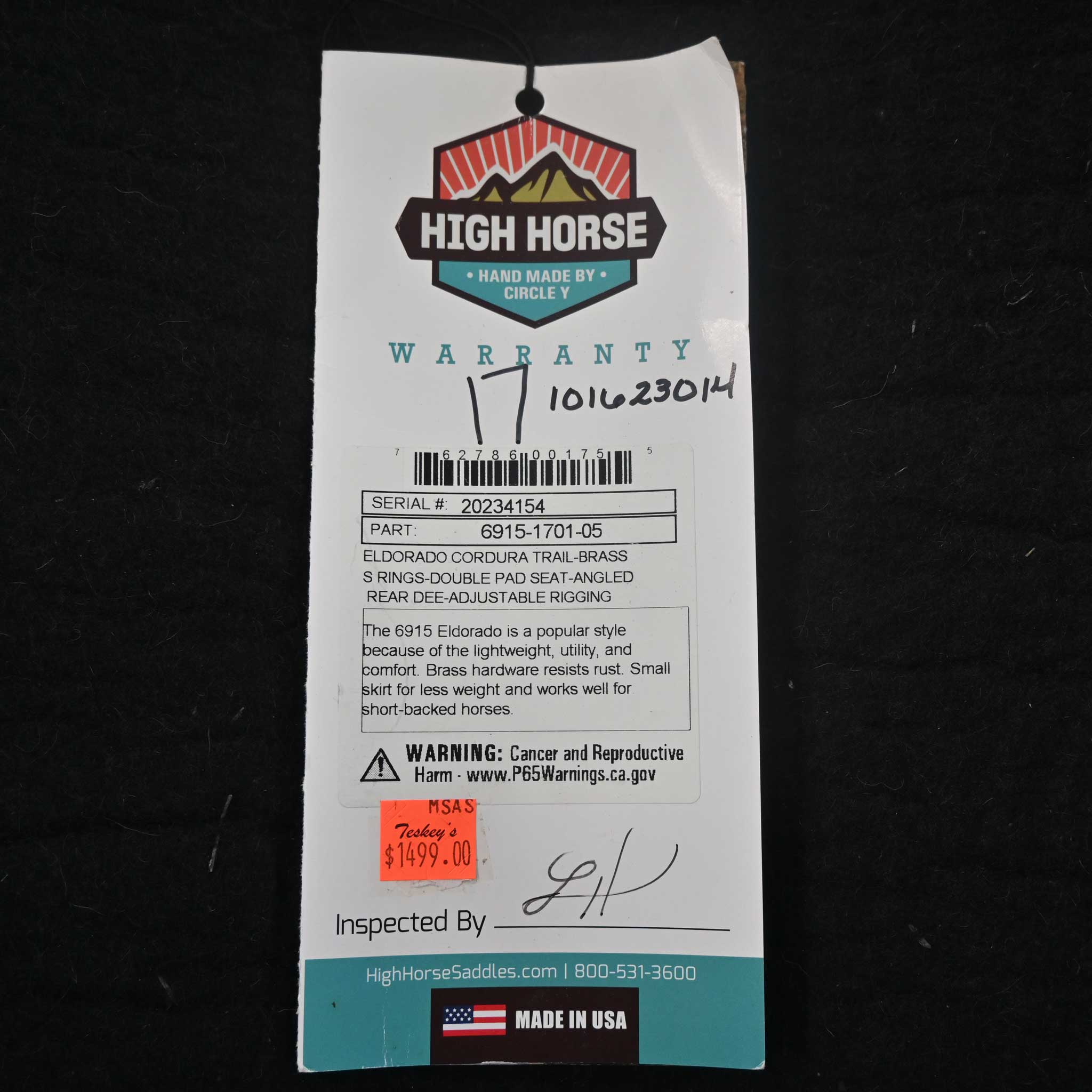 17" HIGH HORSE EL DORADO CORDURA TRAIL SADDLE - Image 2