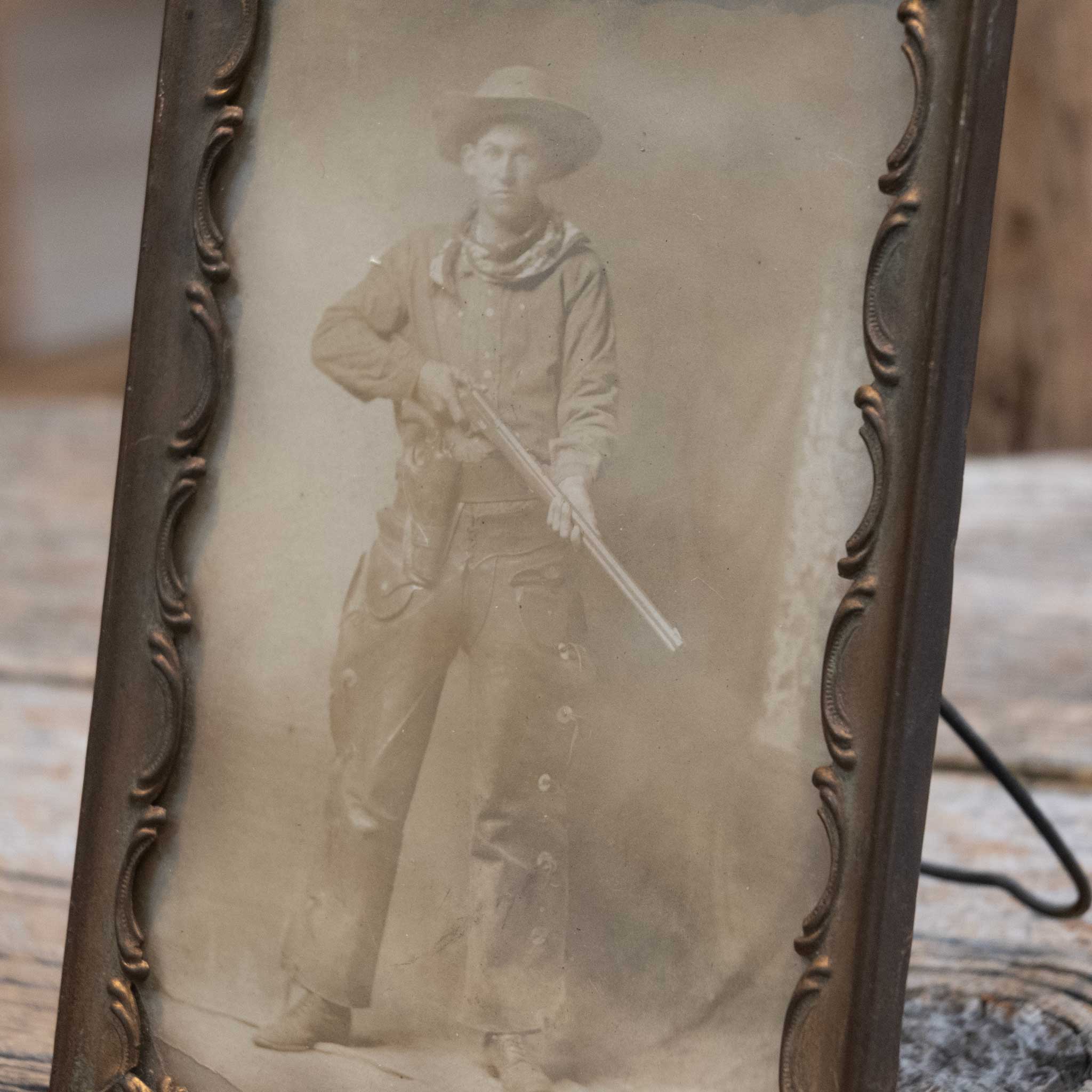 1920's - 30's Brass Frame w/ Old Cowboy Postcard - Image 2