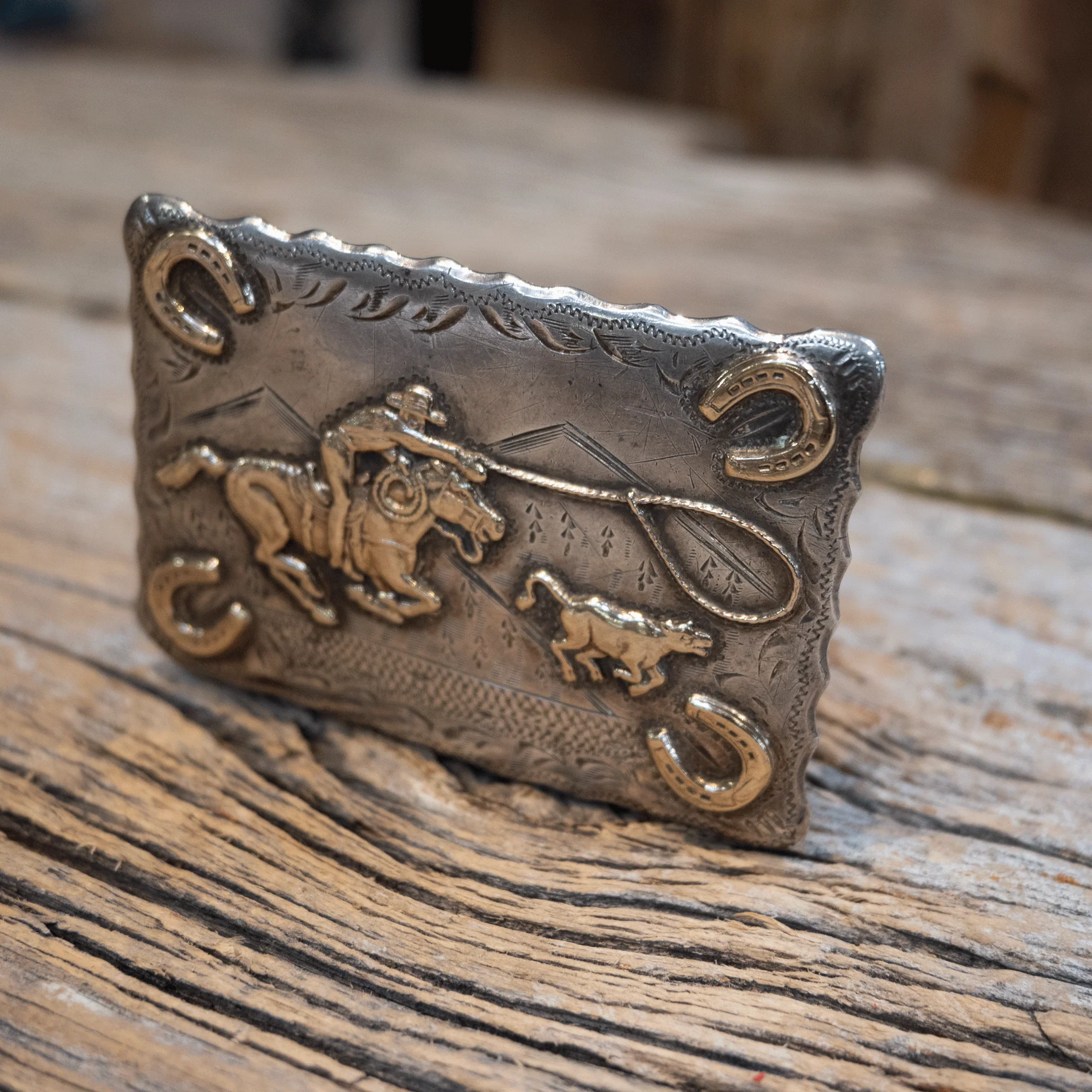 Renalde 1950's/60's Sterling Silver & 10K Gold Calf Roping Trophy Belt Buckle - Image 2