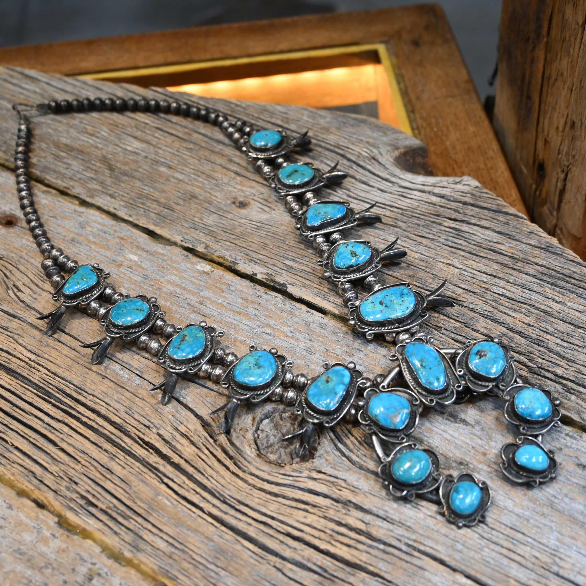 1960's-70's Old Pawn Turquoise Squash Blossom Florets Necklace - Image 2