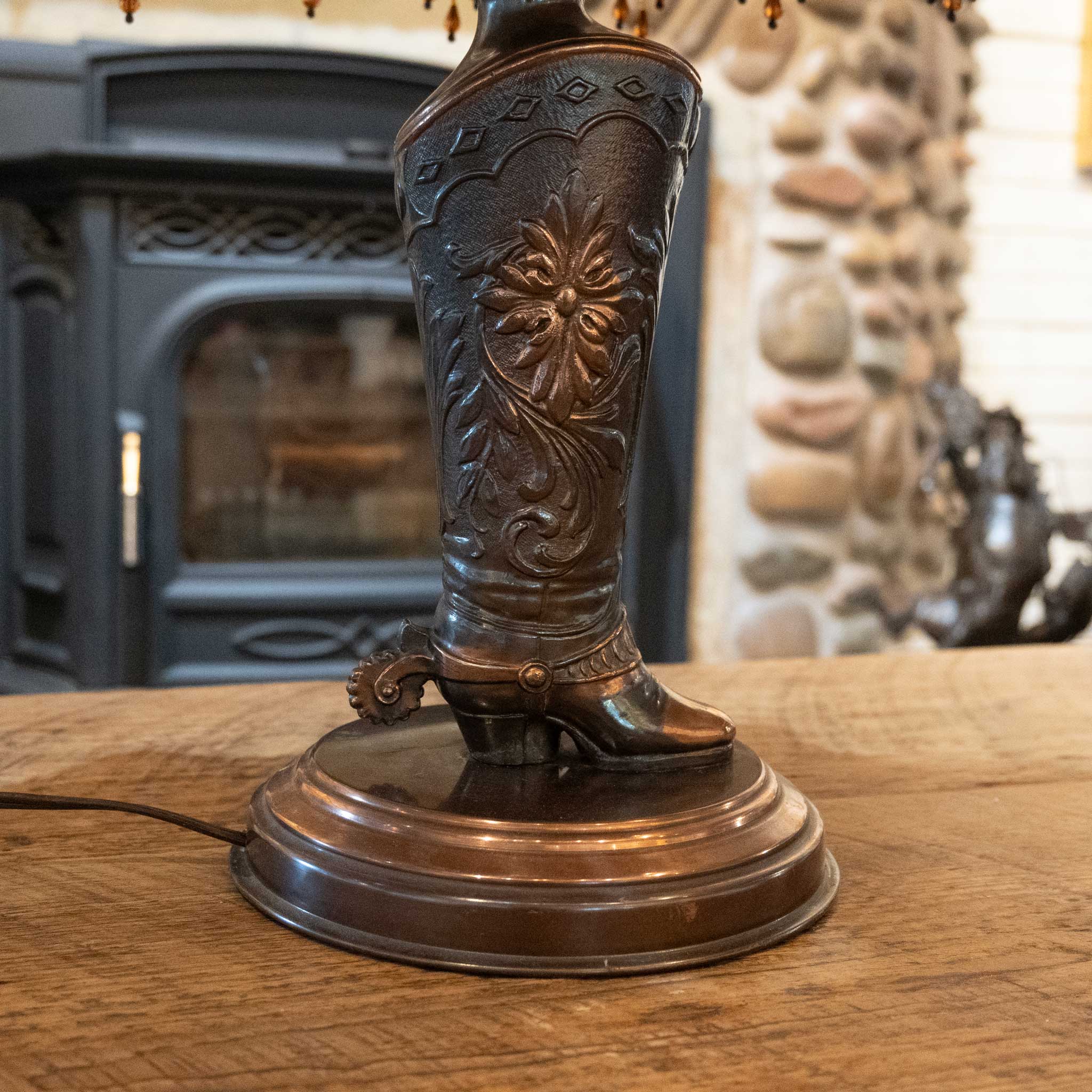 1950's Copper Clad Cowgirl Boot Lamp with a Victorian Lace & Bead Shade - Image 2