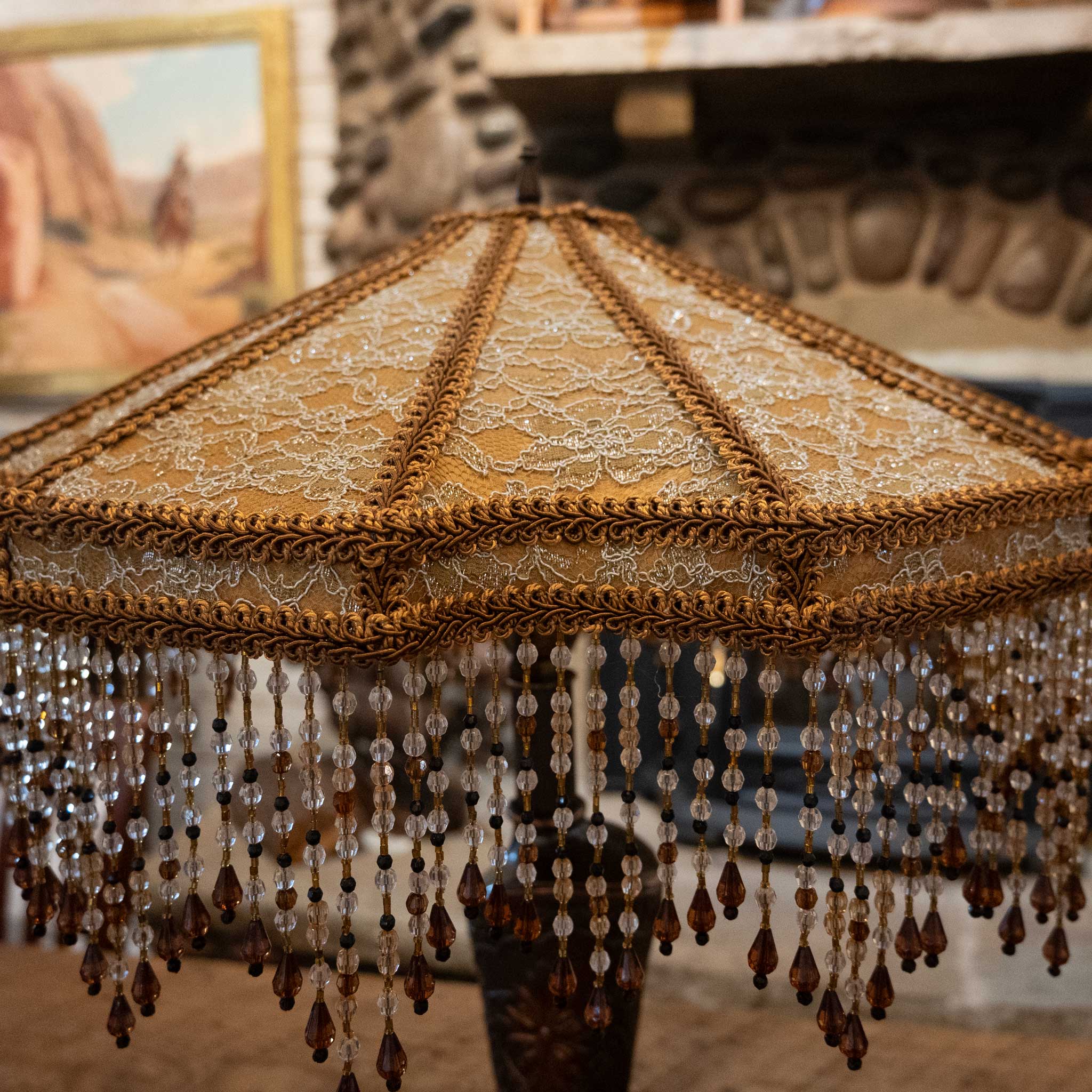1950's Copper Clad Cowgirl Boot Lamp with a Victorian Lace & Bead Shade - Image 5
