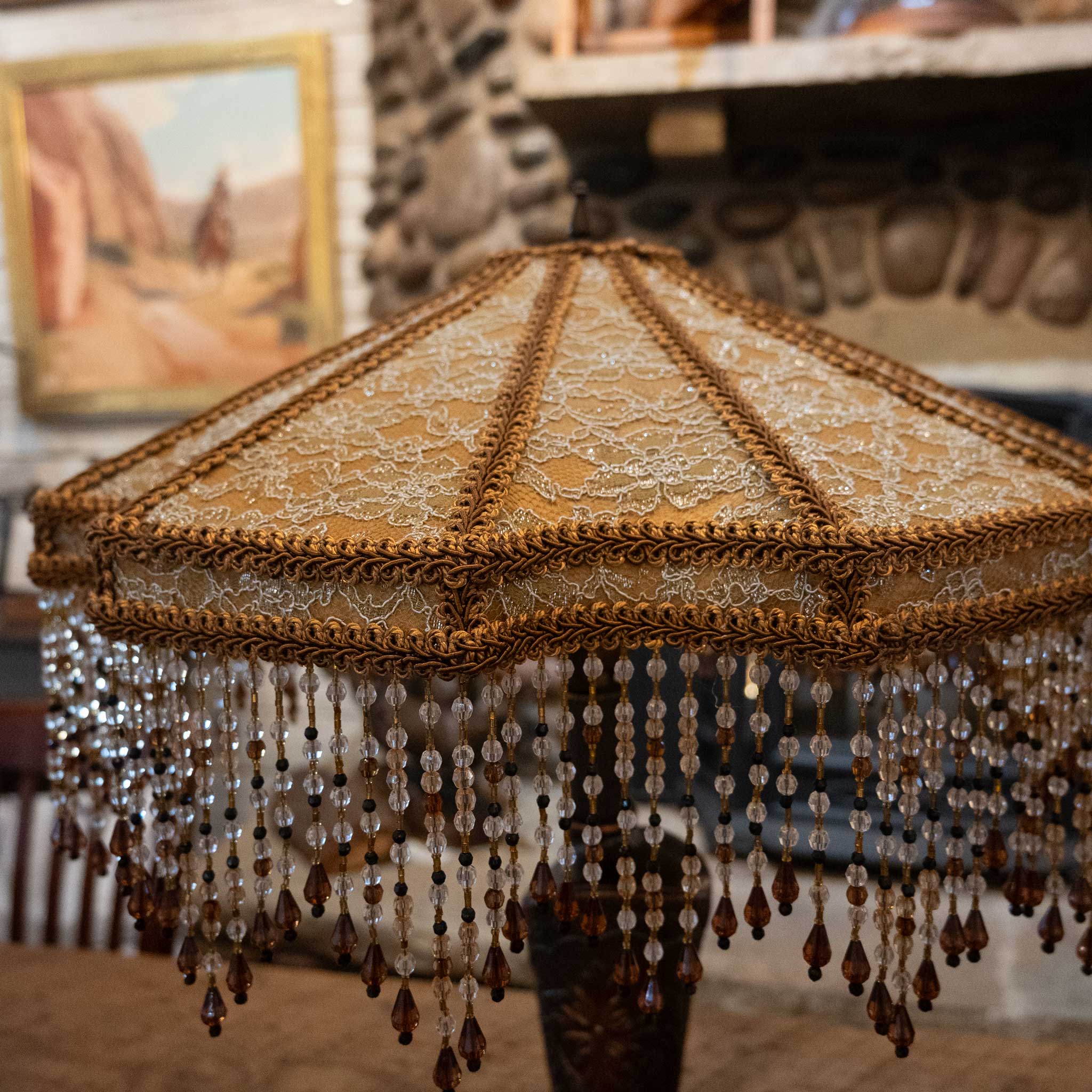 1950's Copper Clad Cowgirl Boot Lamp with a Victorian Lace & Bead Shade - Image 6