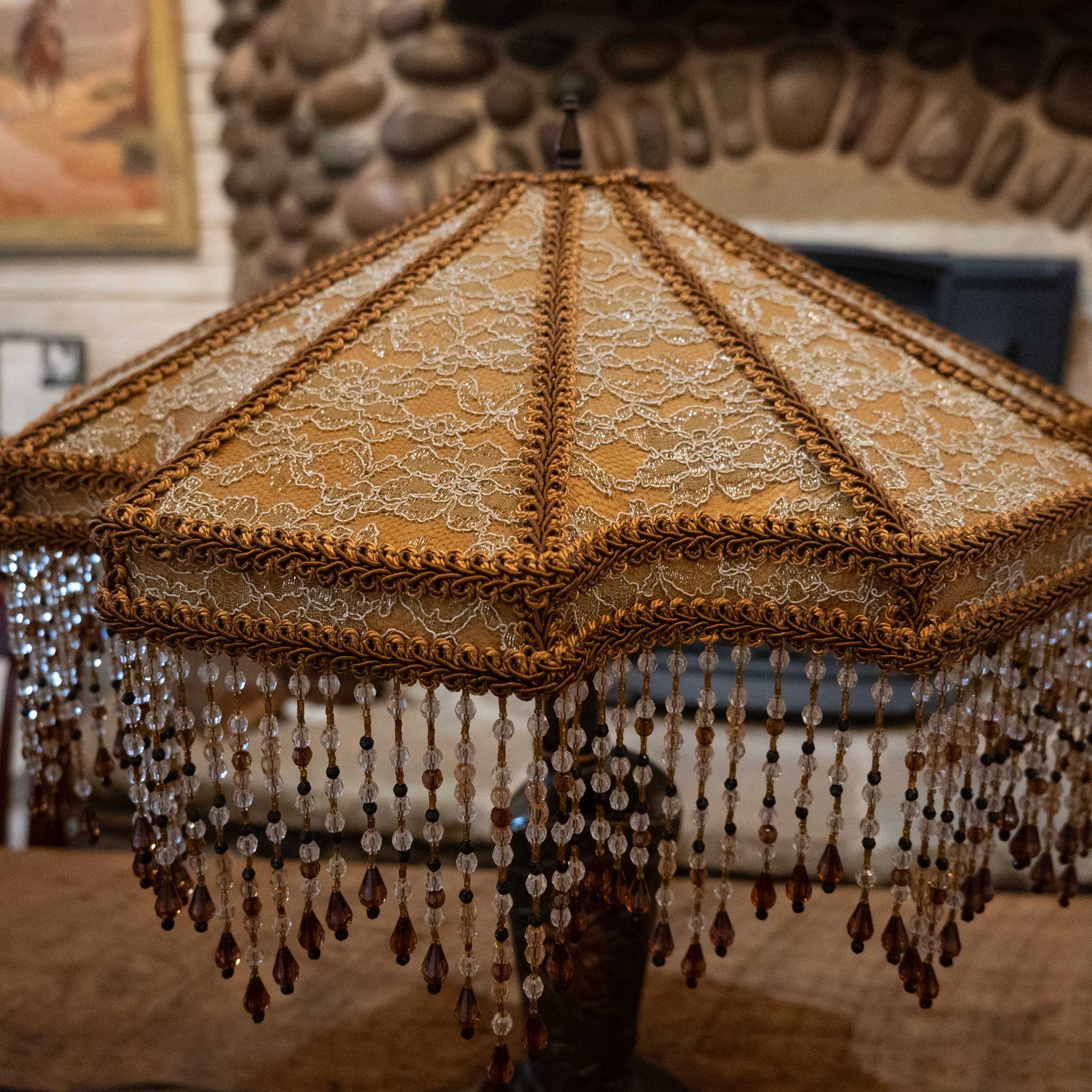 1950's Copper Clad Cowgirl Boot Lamp with a Victorian Lace & Bead Shade - Image 7