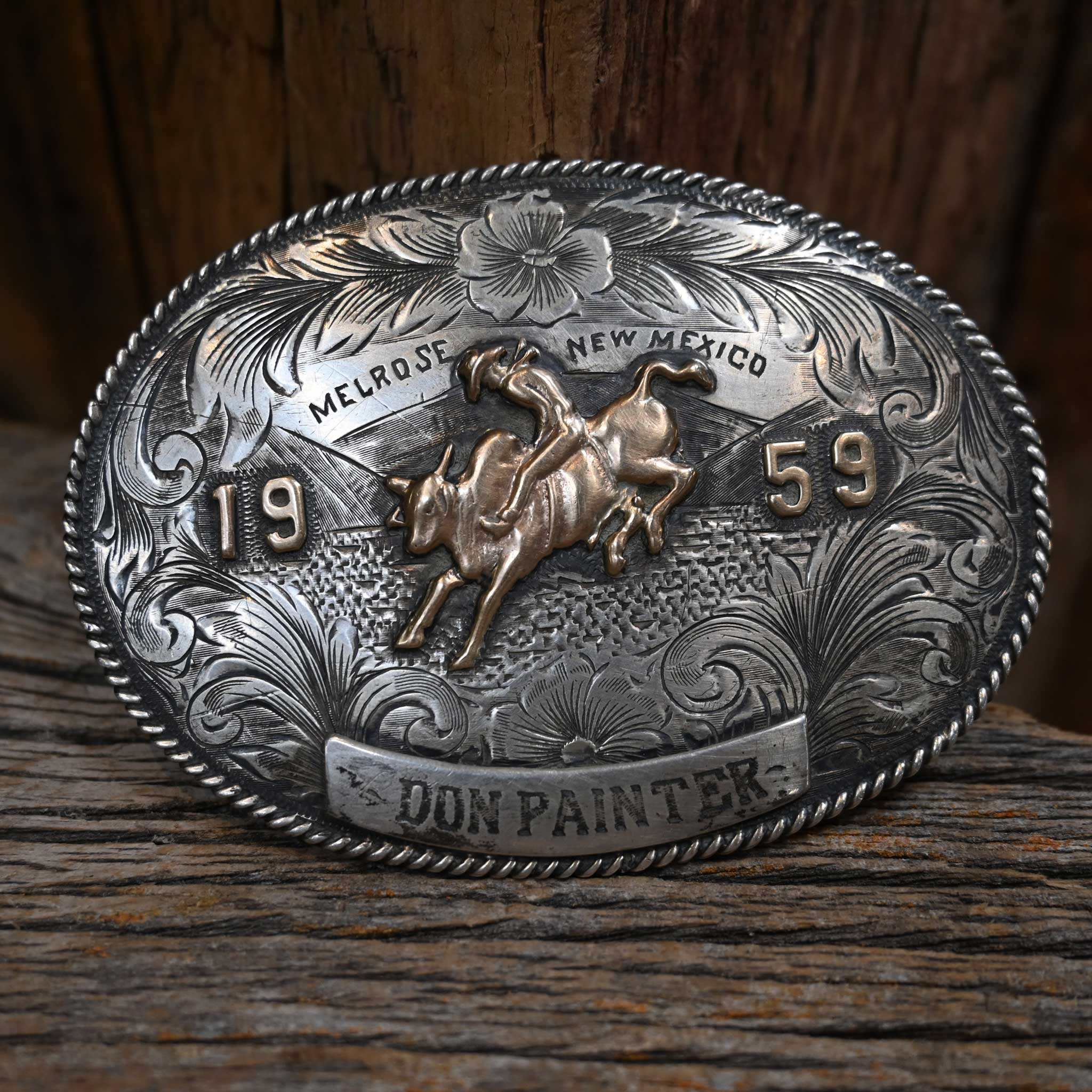 1959 Don Painter Melrose New Mexico SS & 10K Gold Trophy Buckle