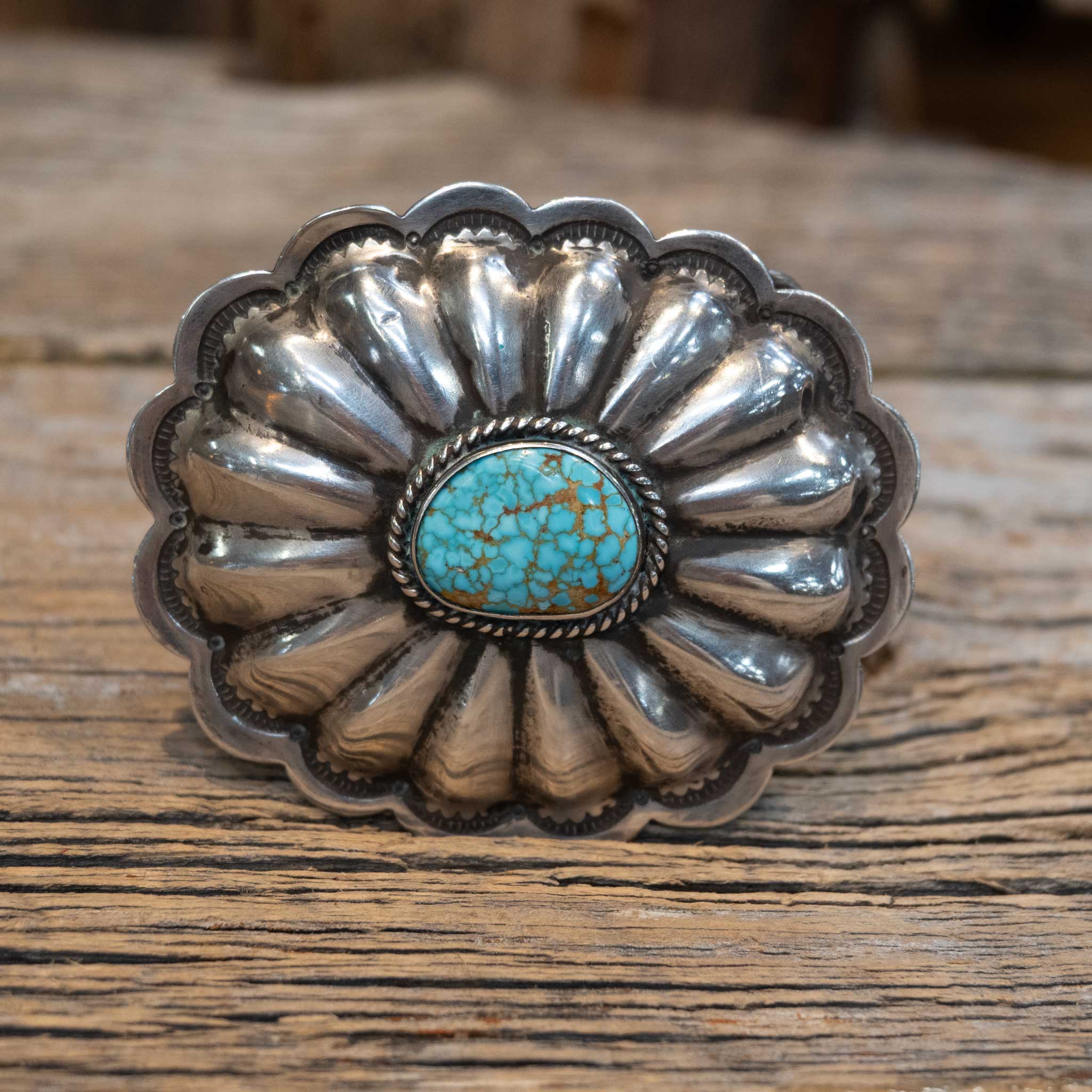 1960's - 70's Sterling Silver Concho Belt Buckle w/ Bird's Eye Turquoise