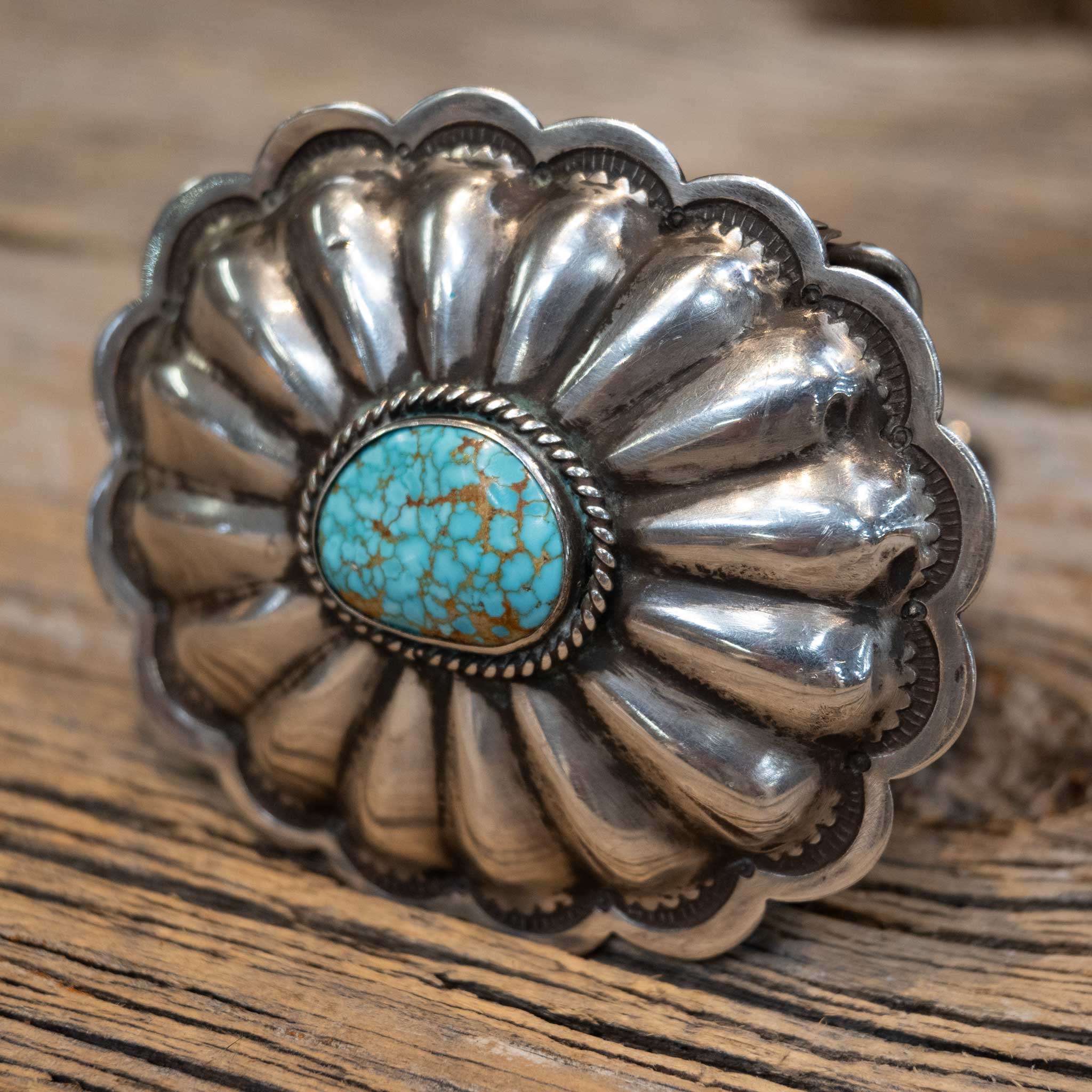 1960's - 70's Sterling Silver Concho Belt Buckle w/ Bird's Eye Turquoise - Image 2