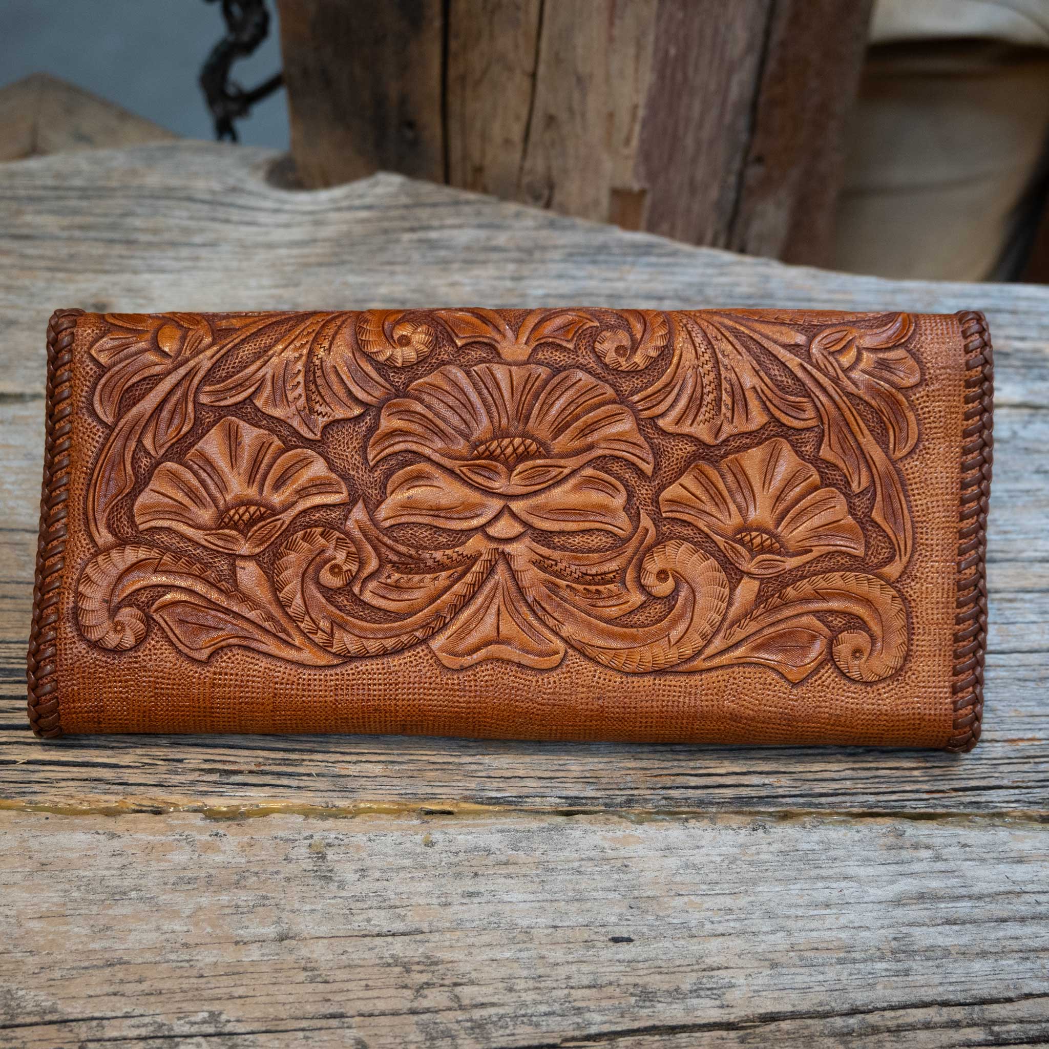 Vintage 1970's Hand-Tooled Leather Wallet - 9" x 4" - Image 3