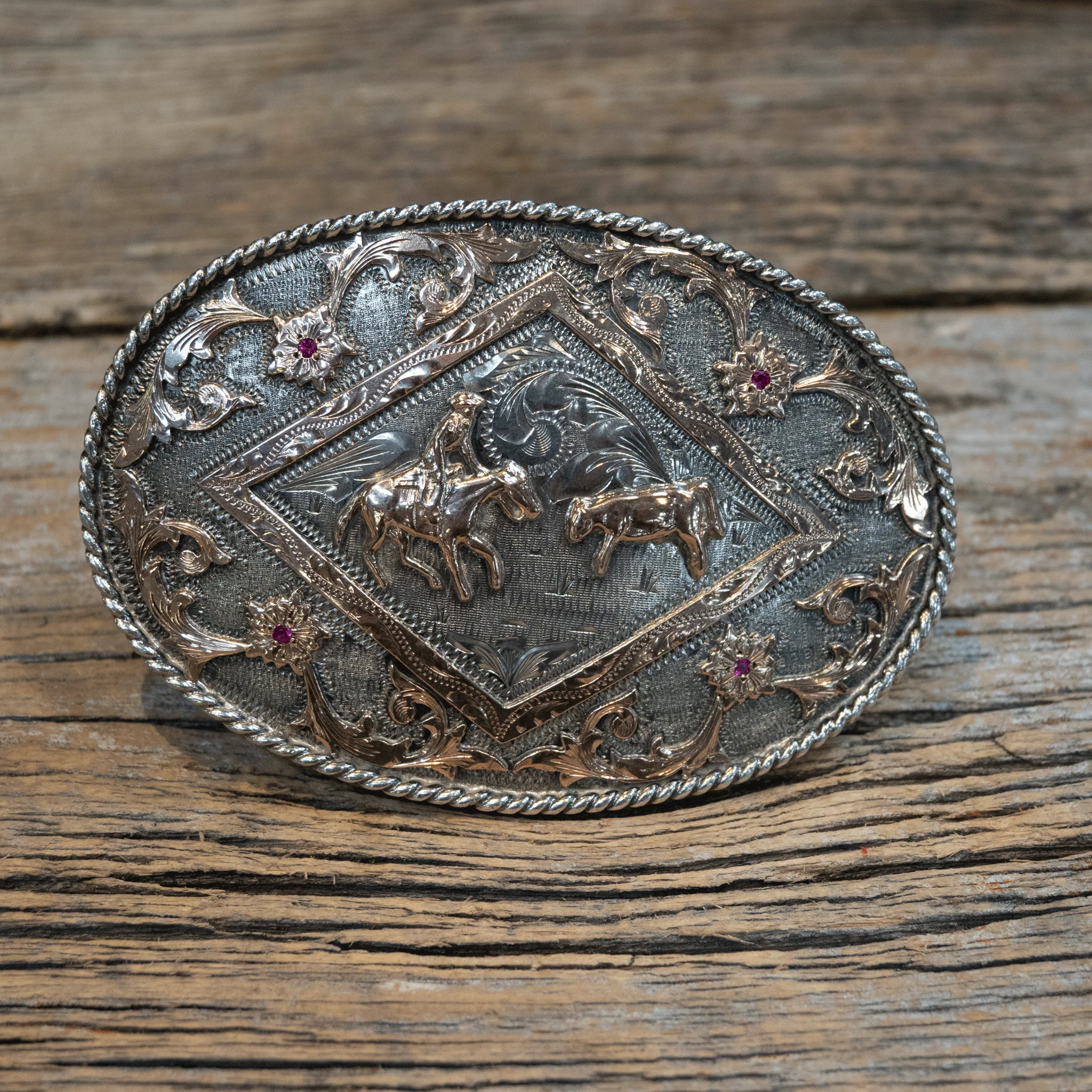 1980's Vogt Silversmiths Sterling Silver 10K Gold Cutting Horse Belt Buckle