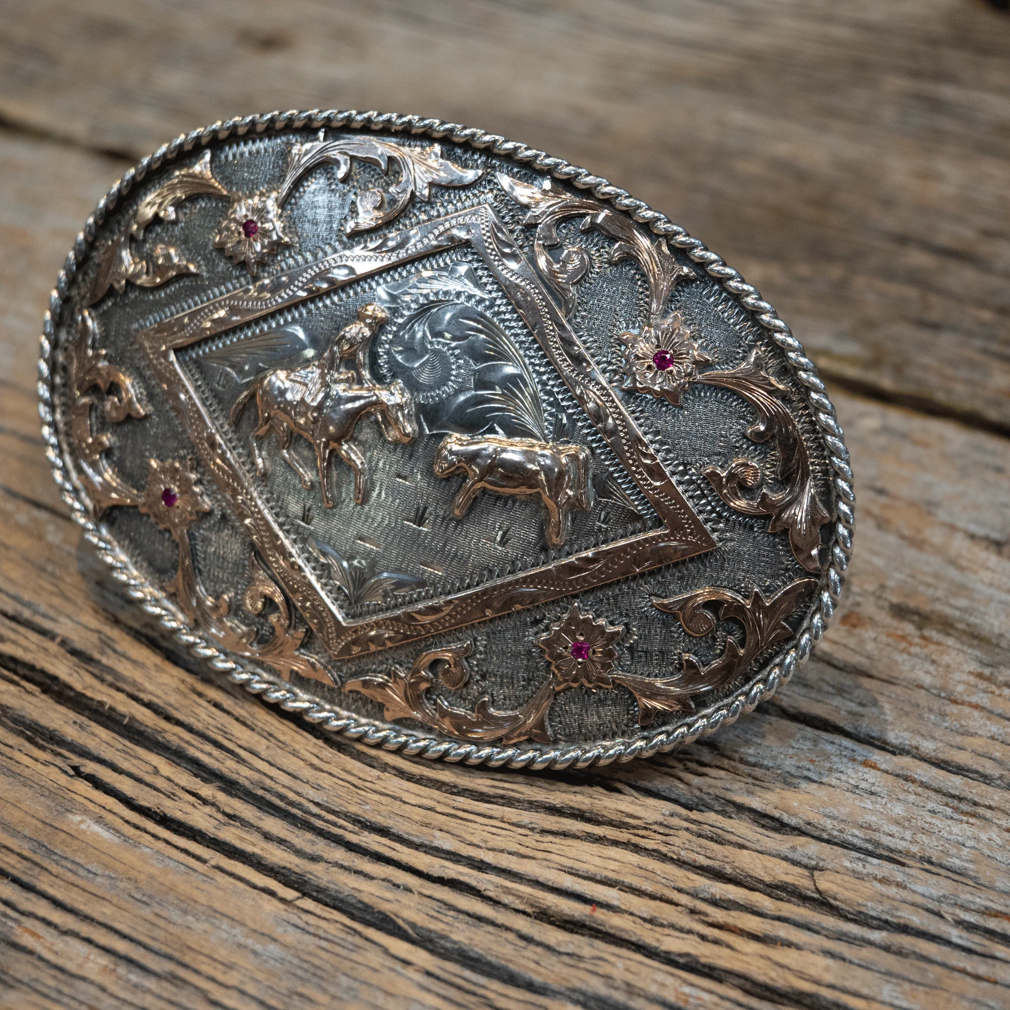 1980's Vogt Silversmiths Sterling Silver 10K Gold Cutting Horse Belt Buckle - Image 2