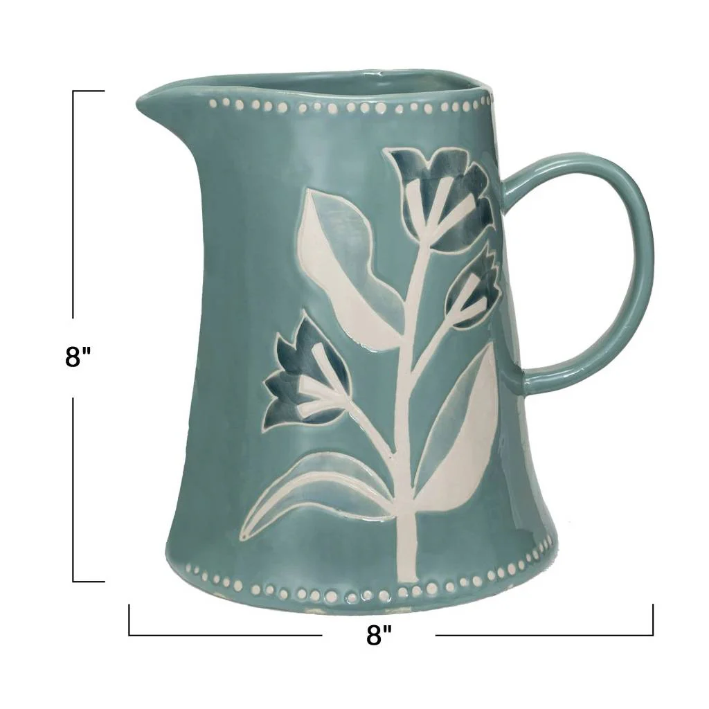 Hand Painted Stoneware Relief Floral Pitcher - 2 Quart - Image 2