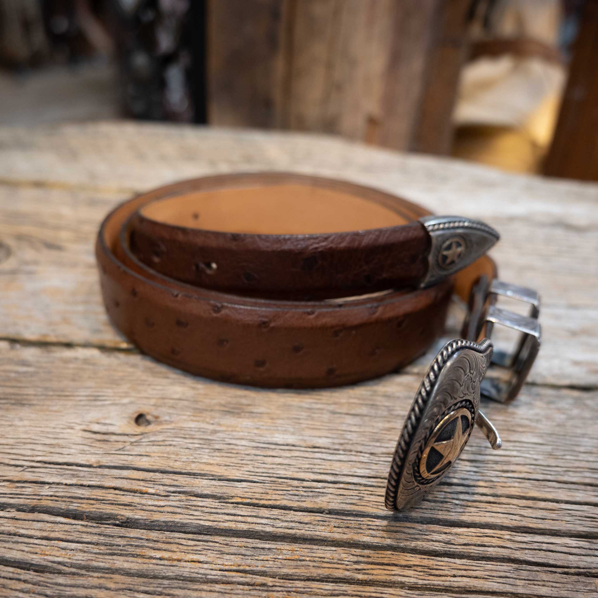 1990's 45" Antique Brown Ostrich Belt w/4pc Sterling Silver Buckle - Image 2