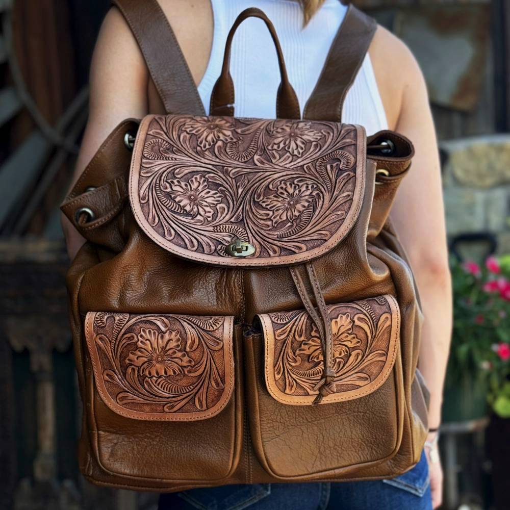 Scout Leather Co. Ada Tooled Two Pocket Backpack - Brown - FINAL SALE - Image 2
