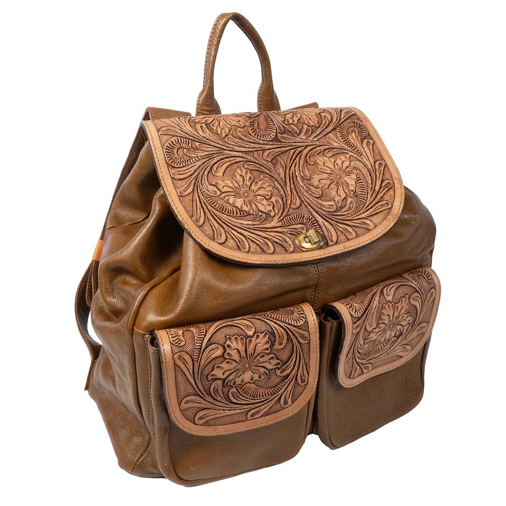 Scout Leather Co, Ada Tan Tooled Two Pocket Backpack - FINAL SALE - Image 2