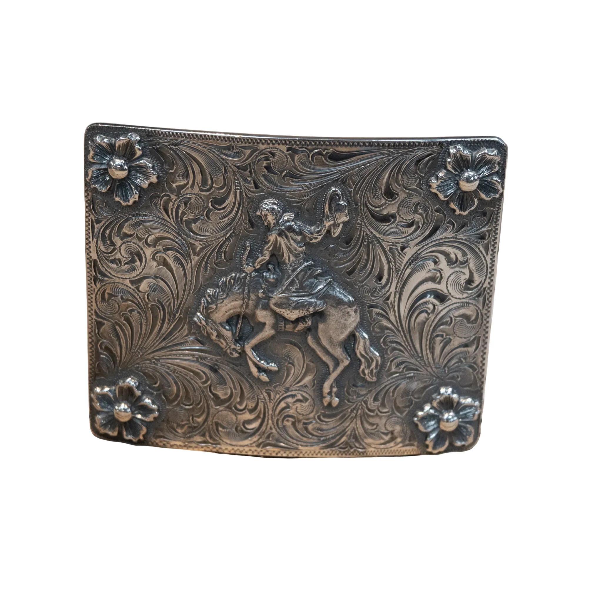 Ahmad Khan Hollywood Calif. Sterling Bronc & Flowers Belt Buckle