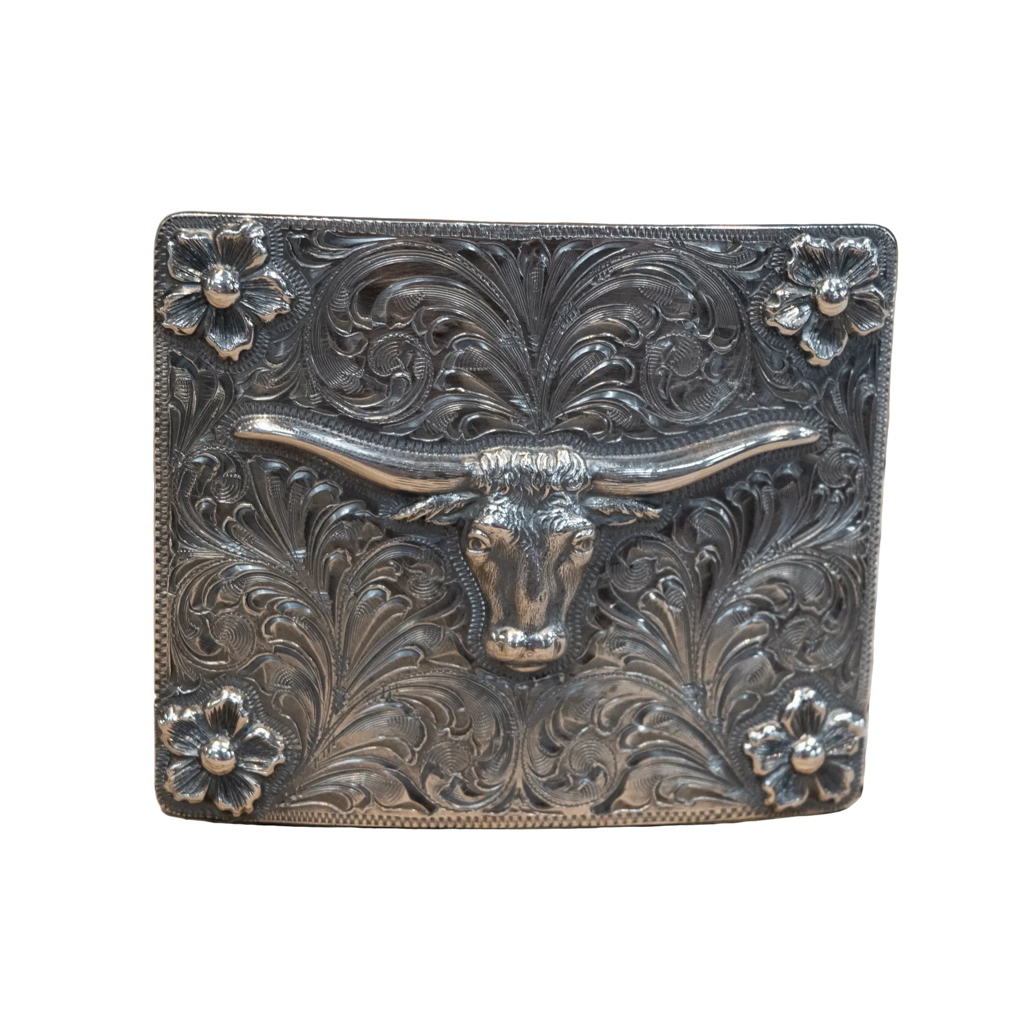 Ahmad Khan Hollywood Calif. Sterling engraved Longhorn Belt Buckle
