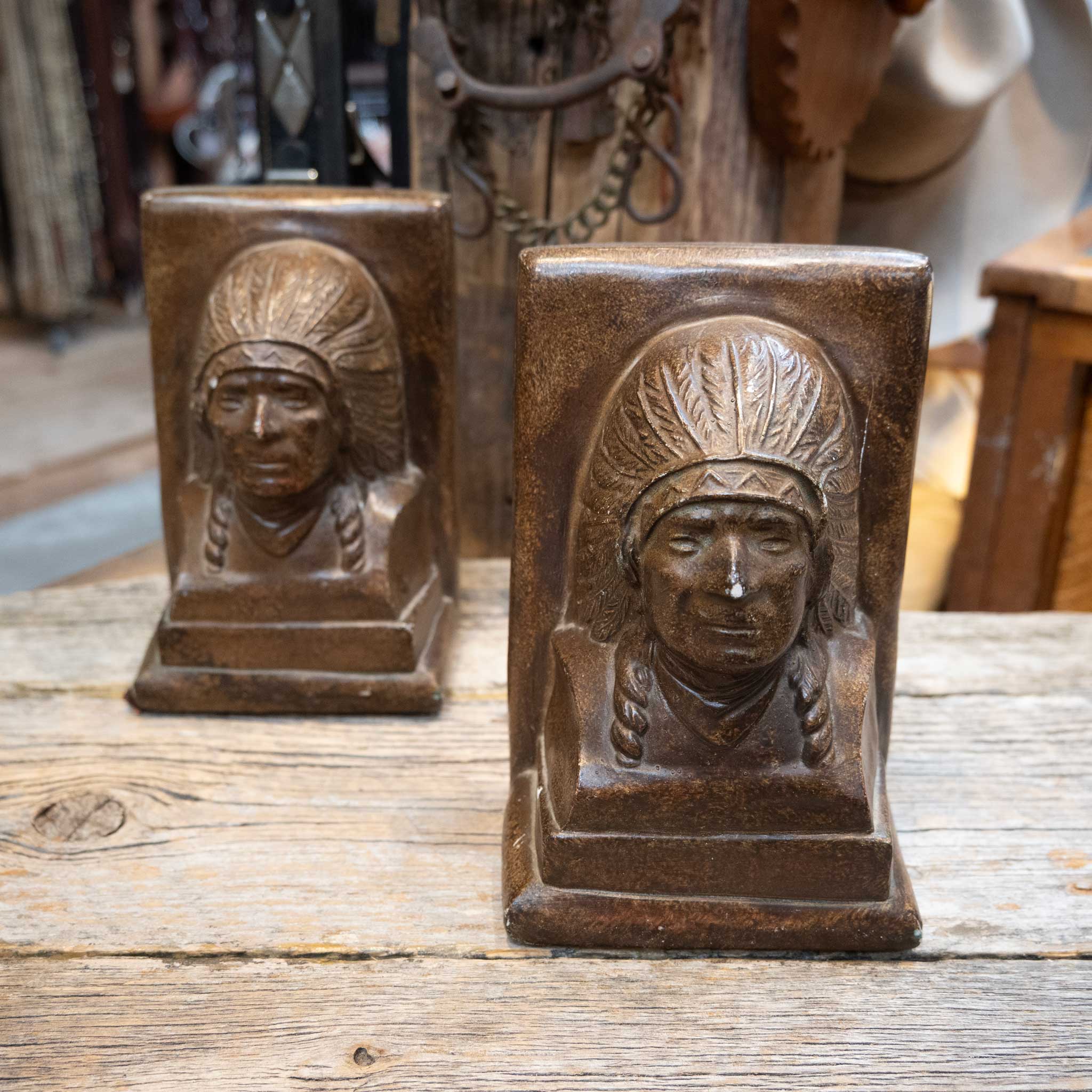 Antique Chalkware Indian Chief Bookends