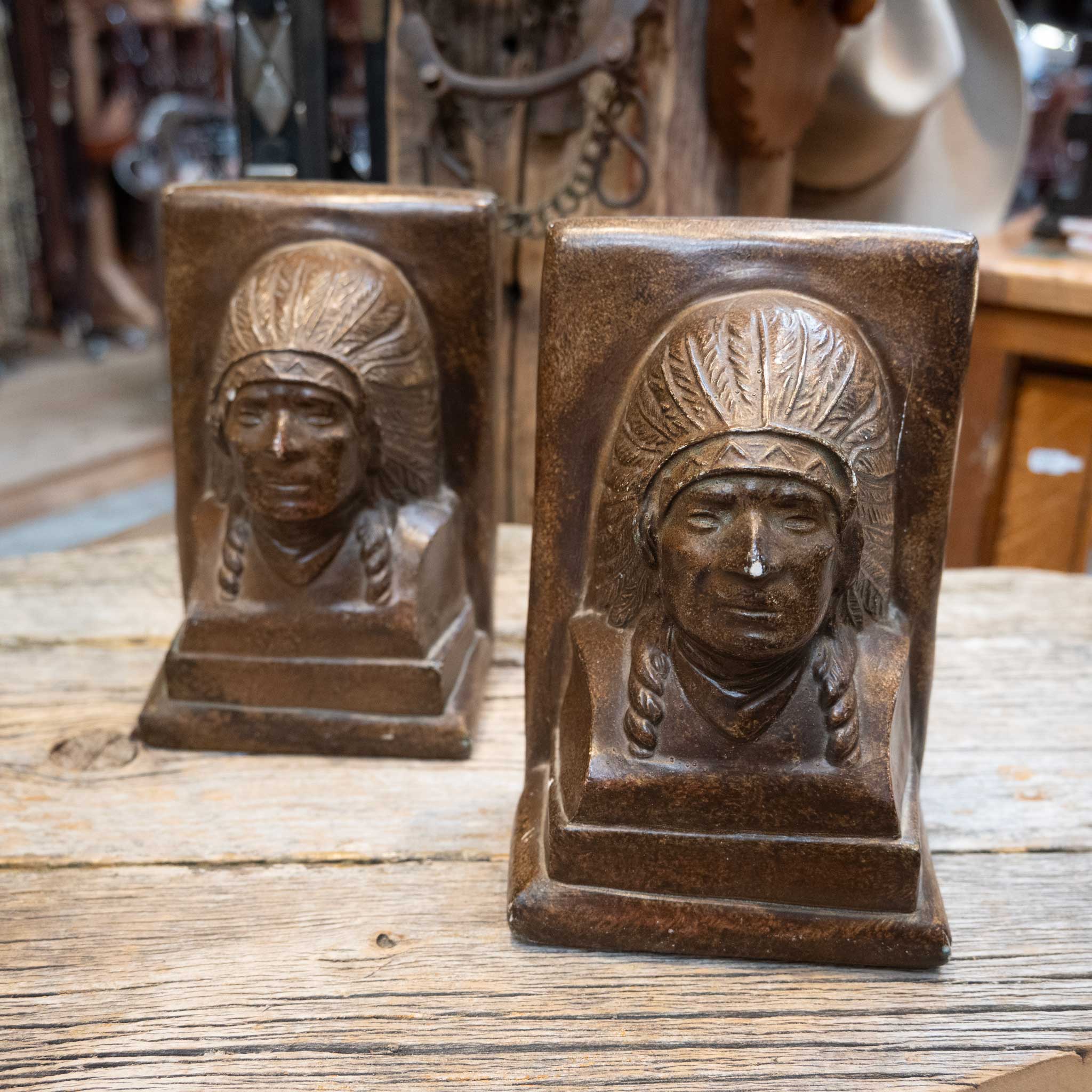 Antique Chalkware Indian Chief Bookends - Image 2
