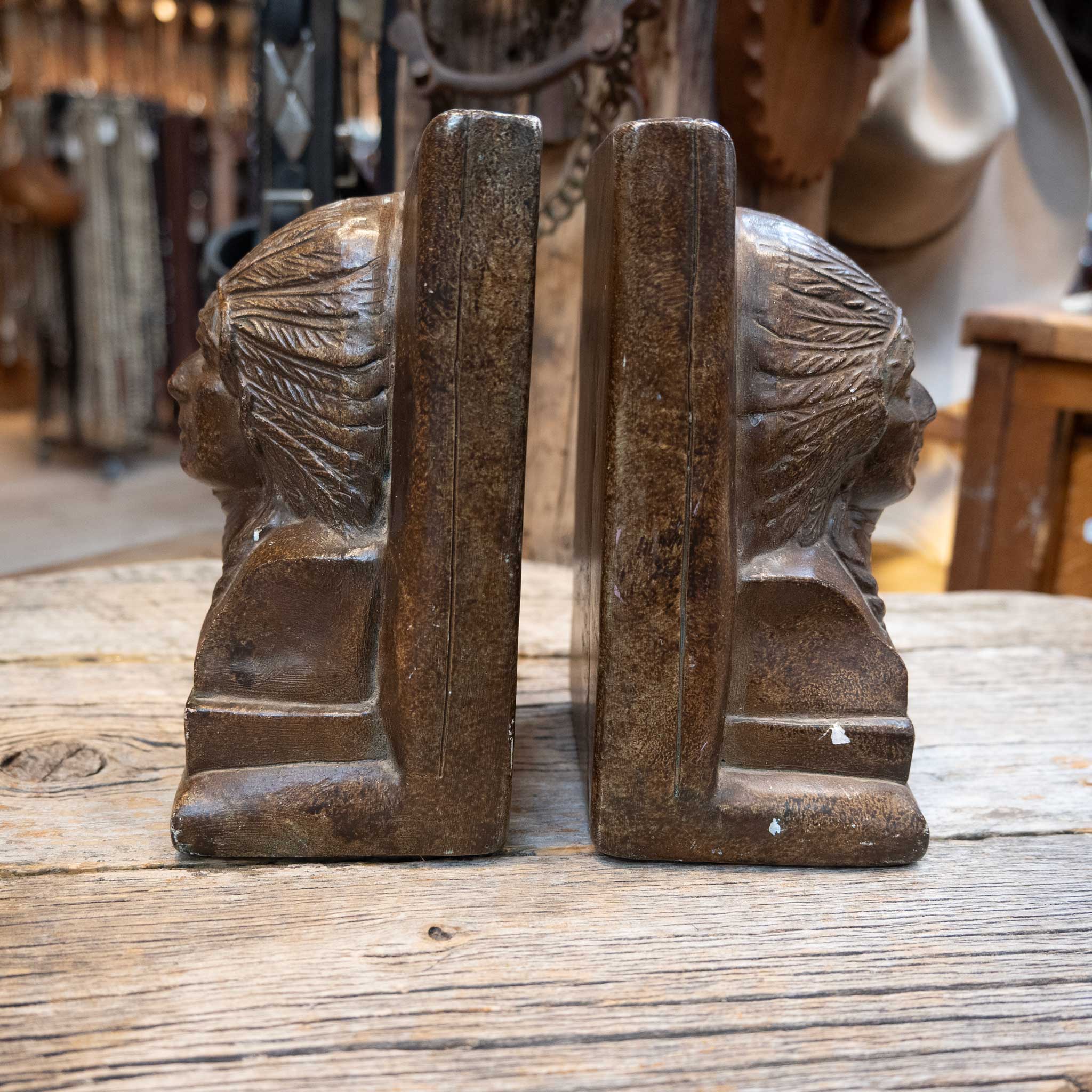 Antique Chalkware Indian Chief Bookends - Image 3