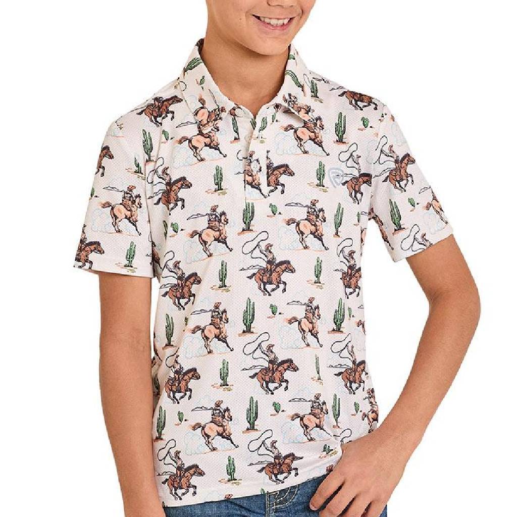 Rock & Roll Denim Boy's Natural Novelty Printed Mesh Polo Shirt