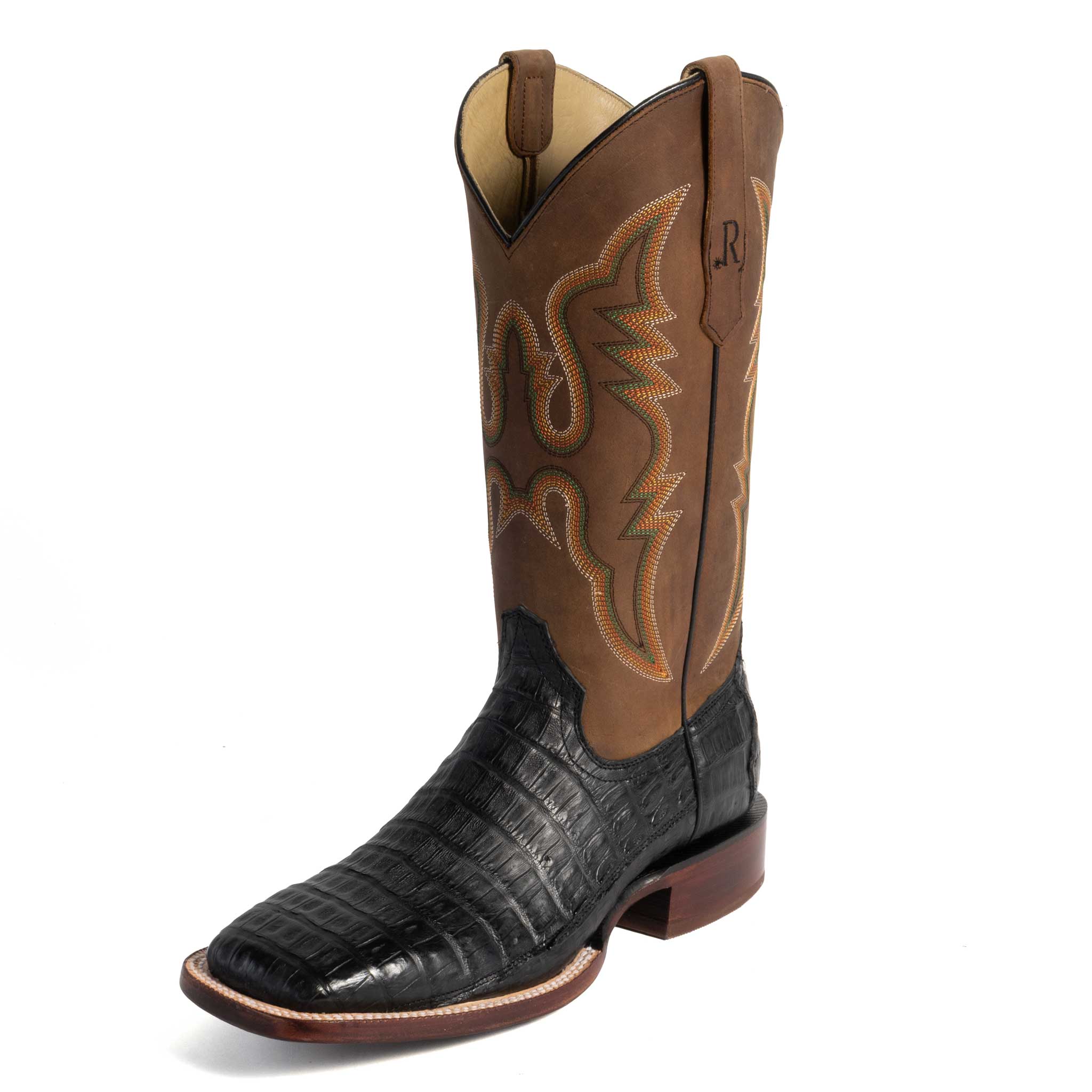 R. Watson Men's Square Toe Black Caiman Tail Western Boot