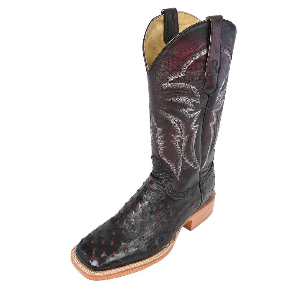 R. Watson Men's Square Toe Black Cherry Full Quill Ostrich Boot