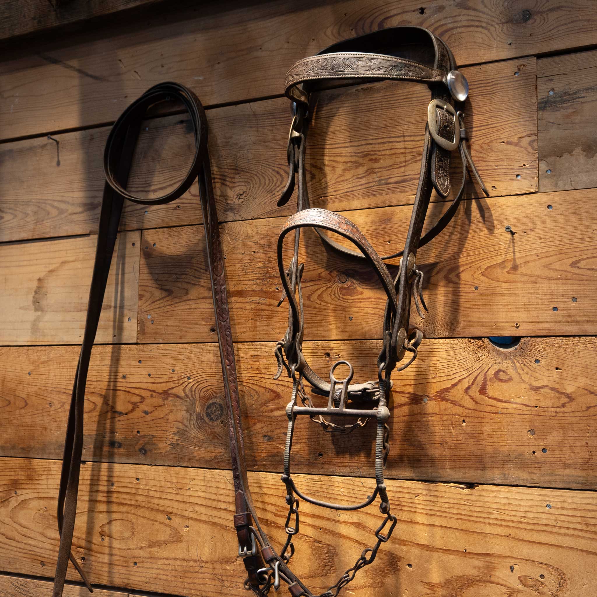 Vintage Tooled Bridle Rig w/a Mexican Silver Inlayed Bit & horse button conchos - Image 2