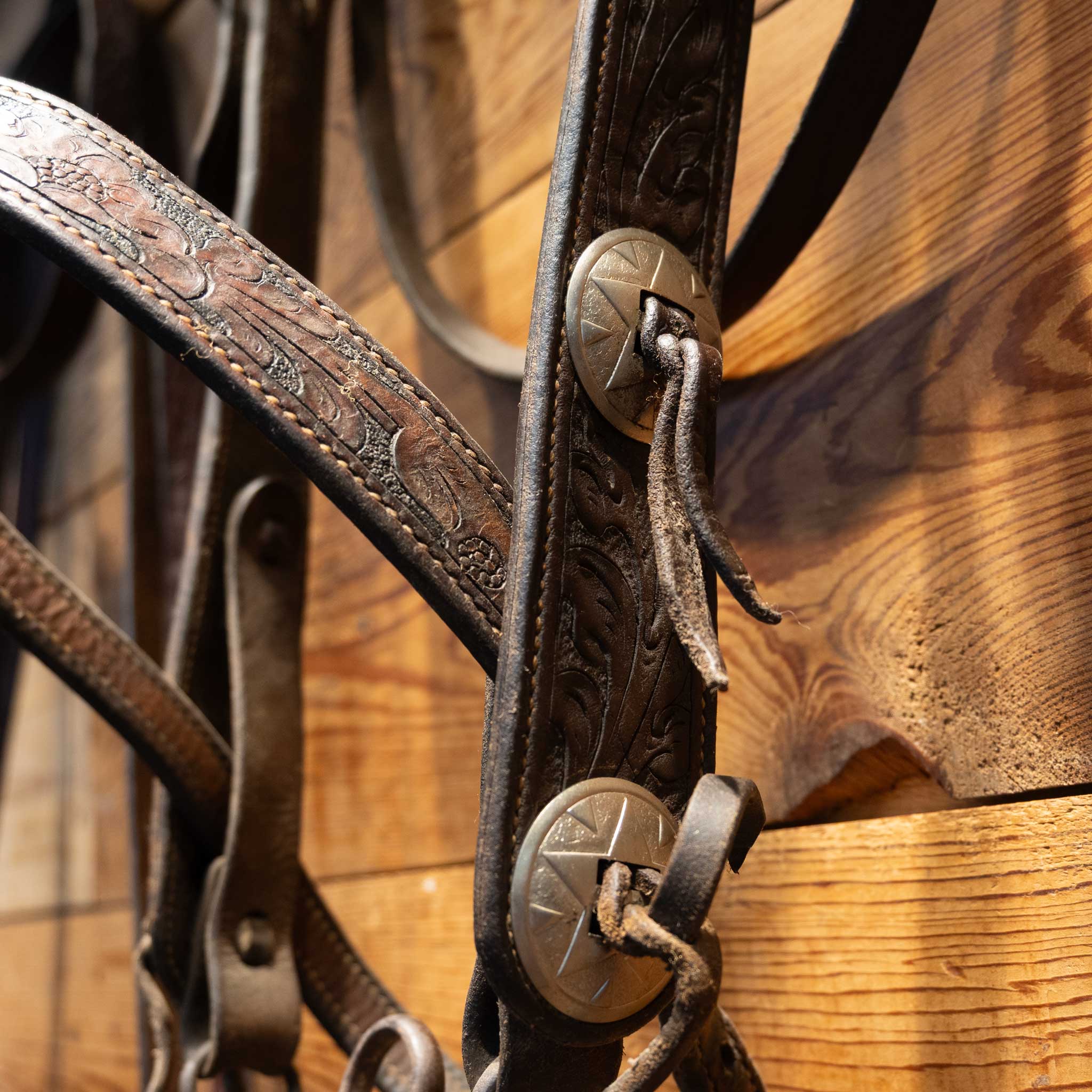 Vintage Tooled Bridle Rig w/a Mexican Silver Inlayed Bit & horse button conchos - Image 5