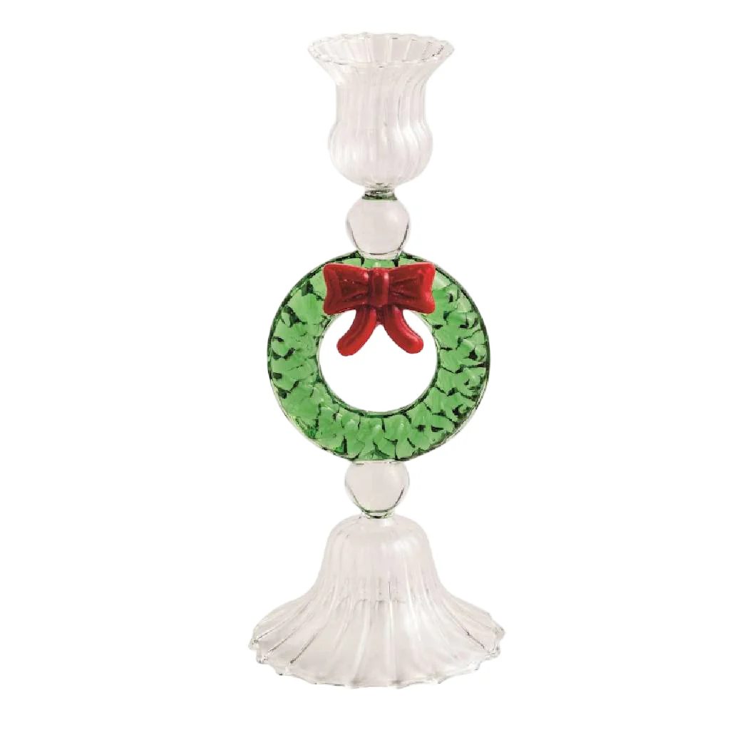 Mud Pie Christmas Wreath Glass Taper Holder - FINAL SALE