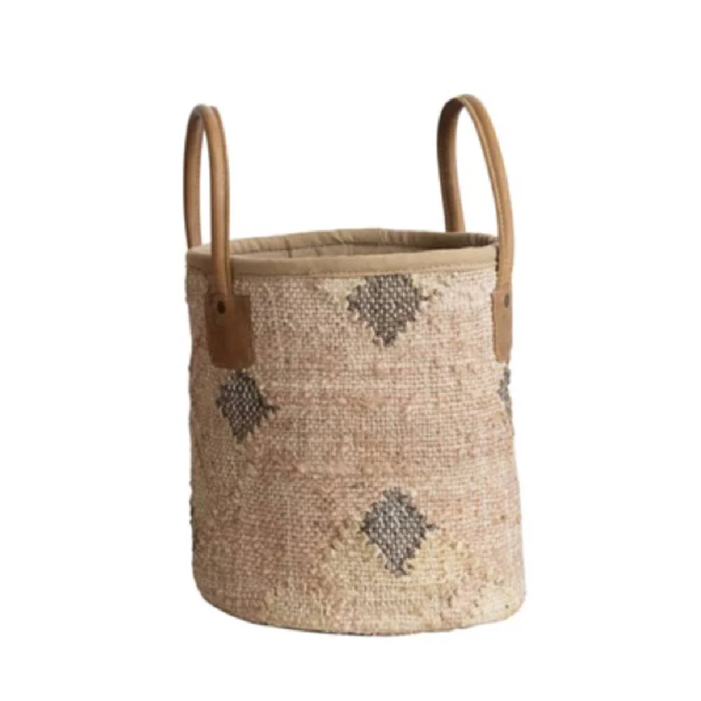 Jute & Cotton Kilim Baskets w/ Leather Handles - Small