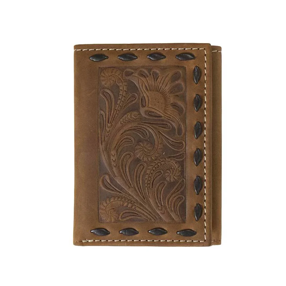 Nocona Floral Embossed Chocolate Buck Lace Trifold Wallet