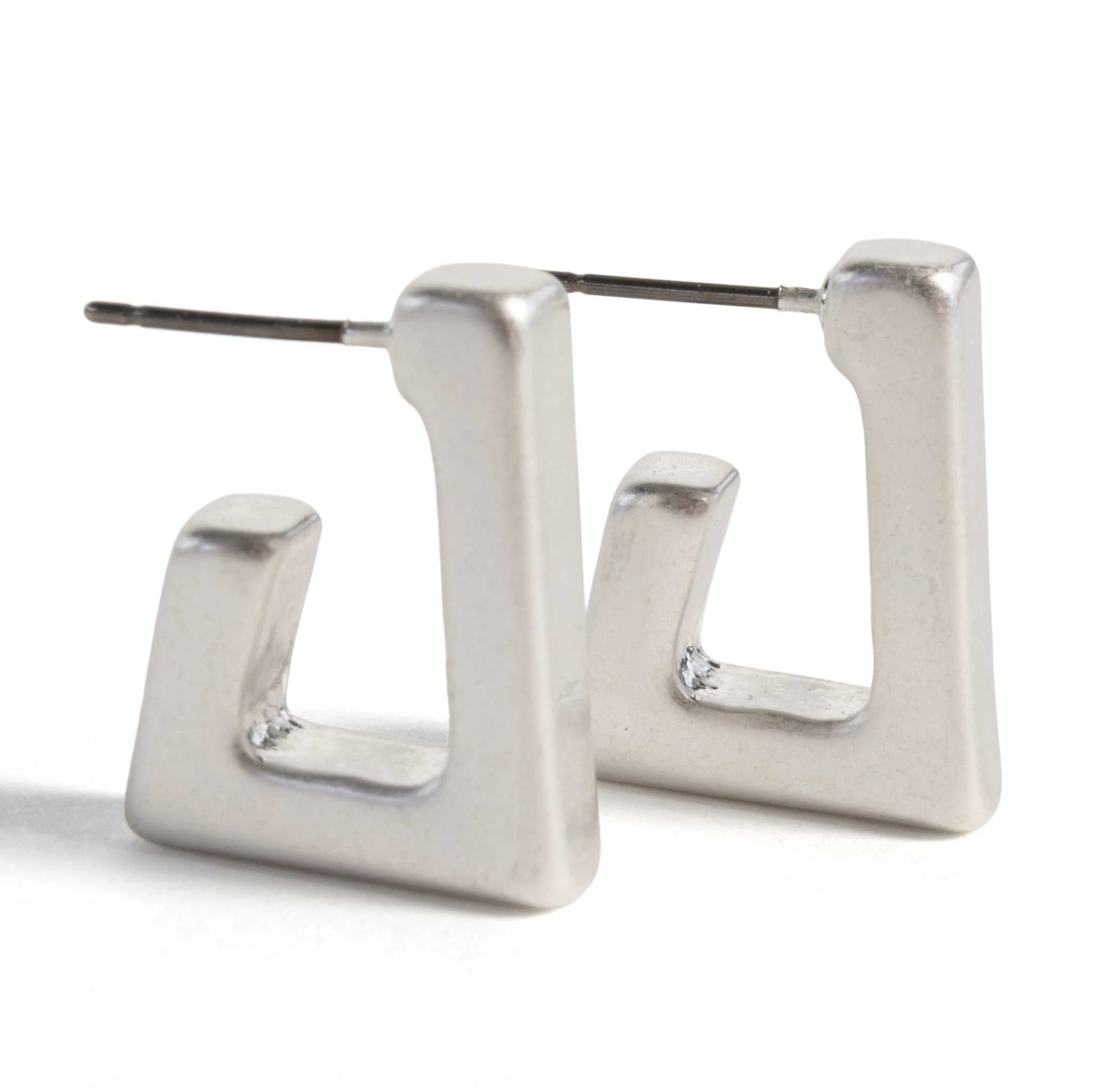 Rectangle Matte Silver Hoop Earrings - Image 2