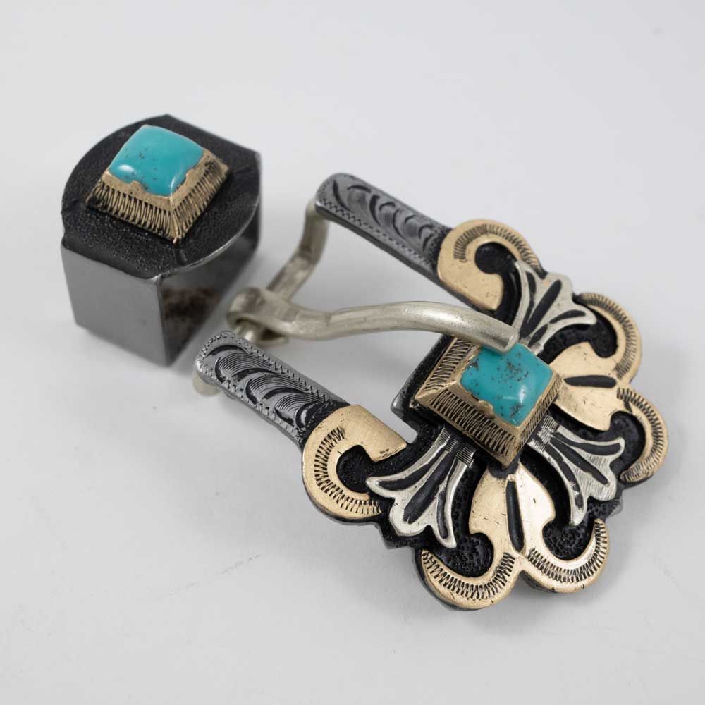 Silver And Gold Cross Buckle With Turquoise Stone And Keeper