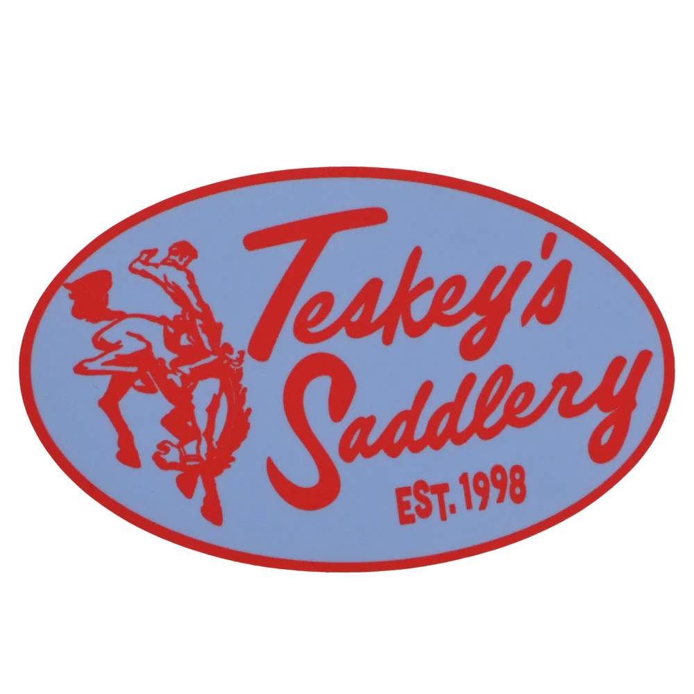 Teskey's Saddlery Retro Oval Sticker - Pale Blue/Red