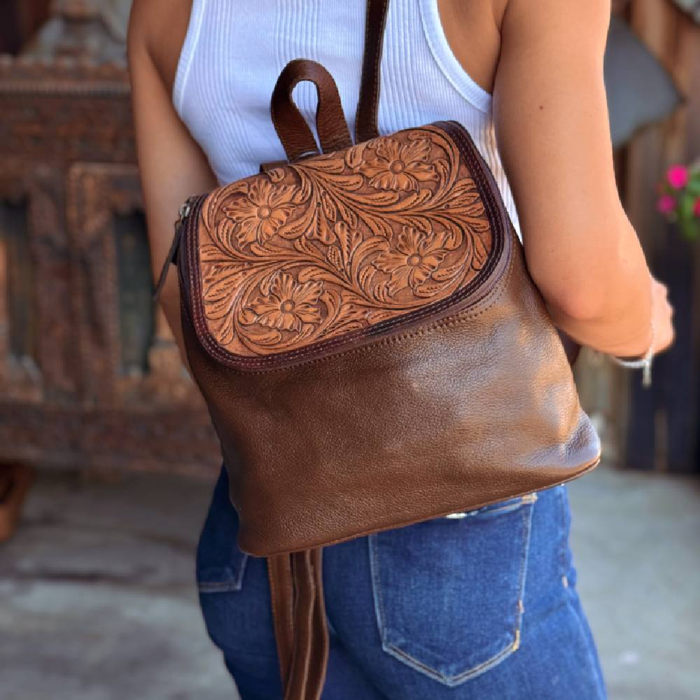 Scout Leather Co. Daisy Brown Tooled Zipper Top Backpack - FINAL SALE - Image 2