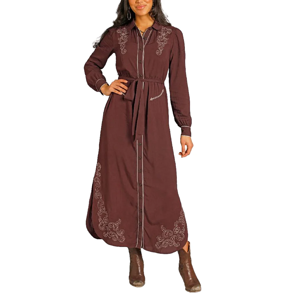 Panhandle Slim Women's Embroidered Dark Brown Maxi Dress