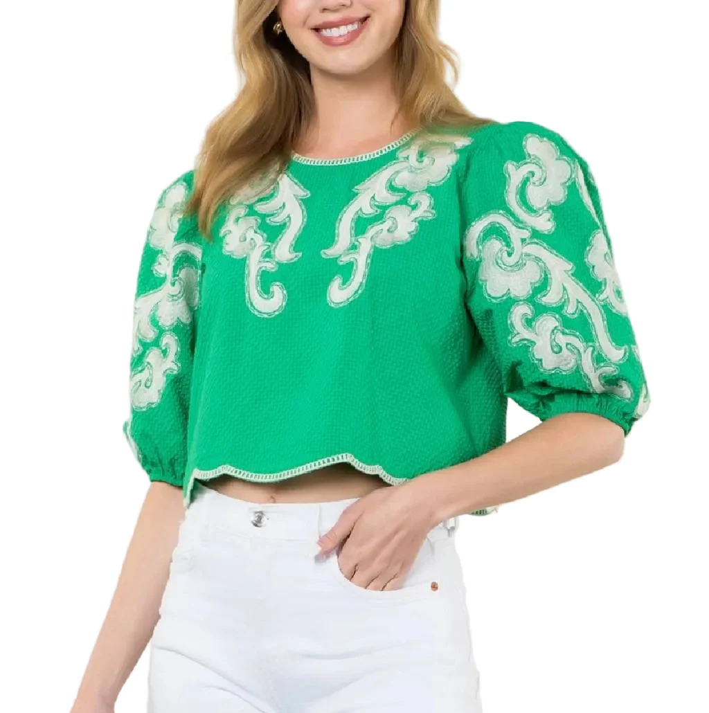 Embroidered Green Puff Sleeve Top