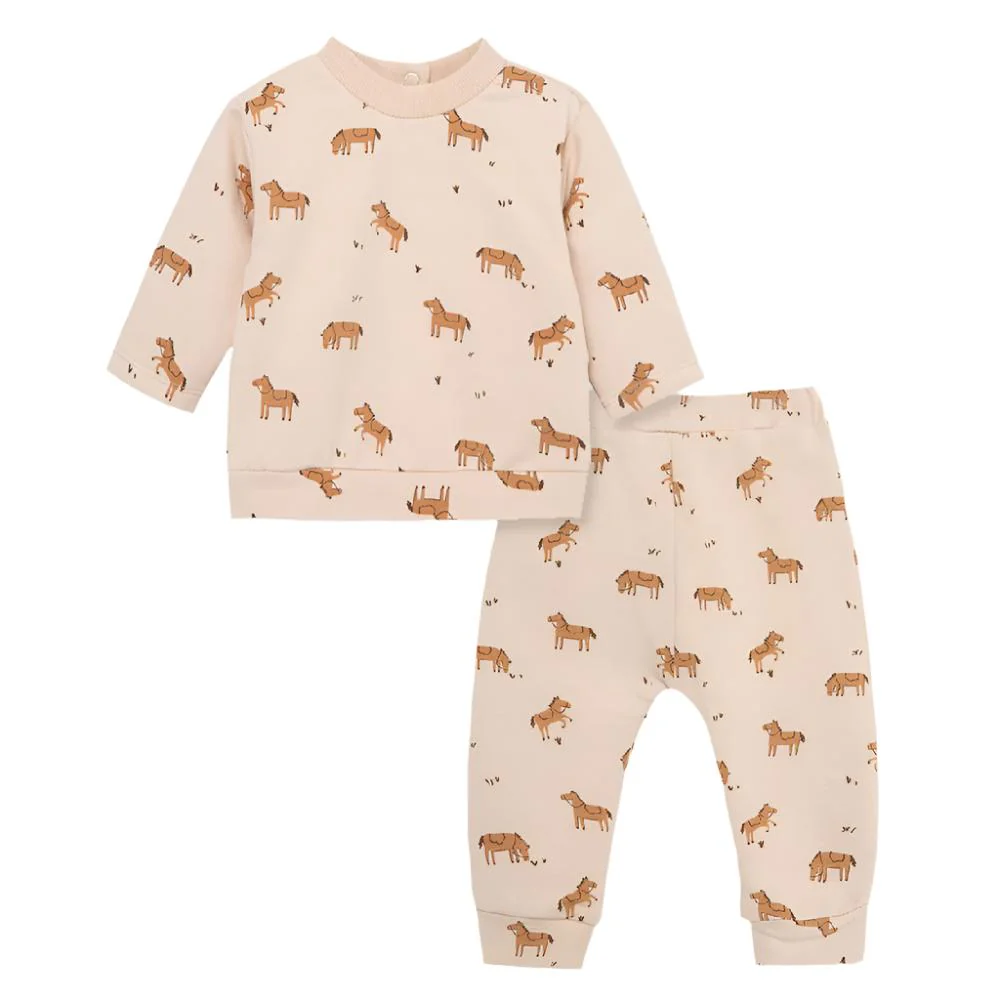 Girl's Two-Piece Western Top/Pant Sweatshirt Set - Tan