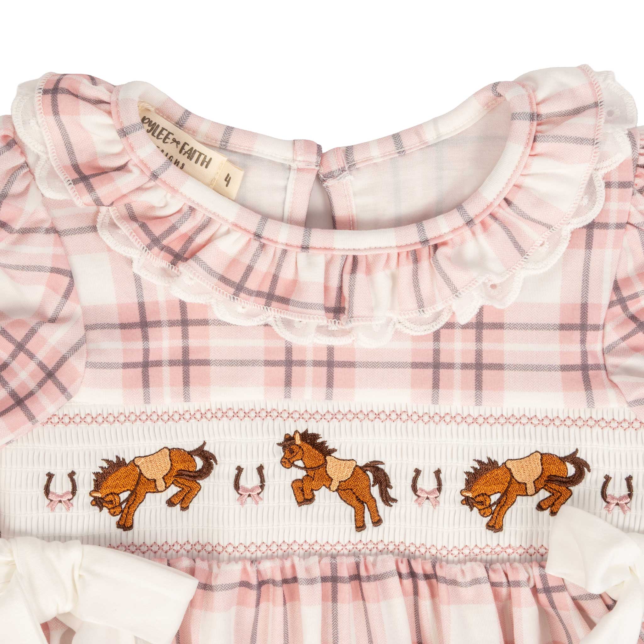 Horse Embroidered Smocked Pink Plaid Dress - Image 3