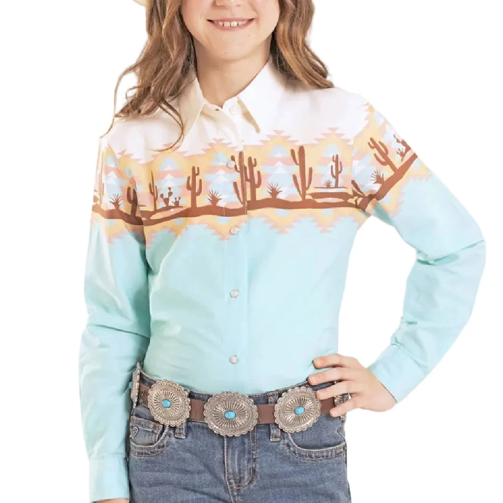 Panhandle Slim Girl's Aquamarine Desert Print Pearl Snap Shirt
