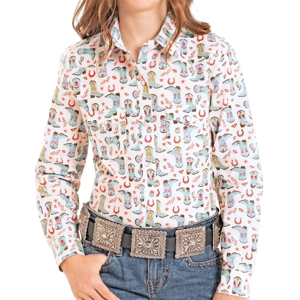 Panhandle Slim Girl's Floral Boot Print Pearl Snap Shirt