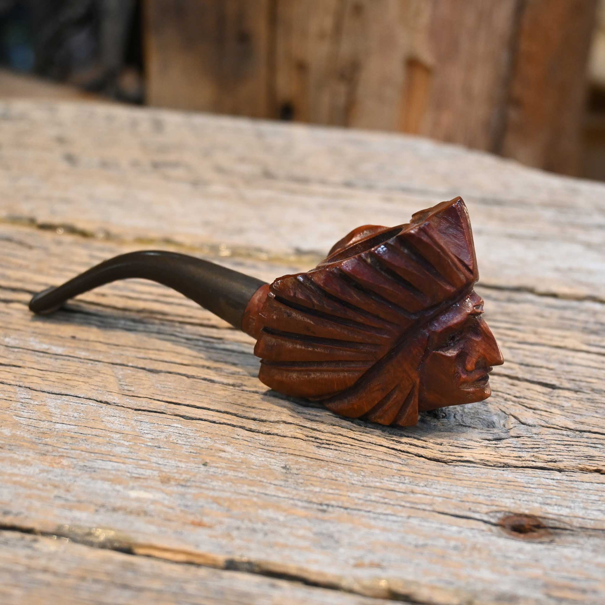 Hand Carved Briar Wood Indian Head Pipe