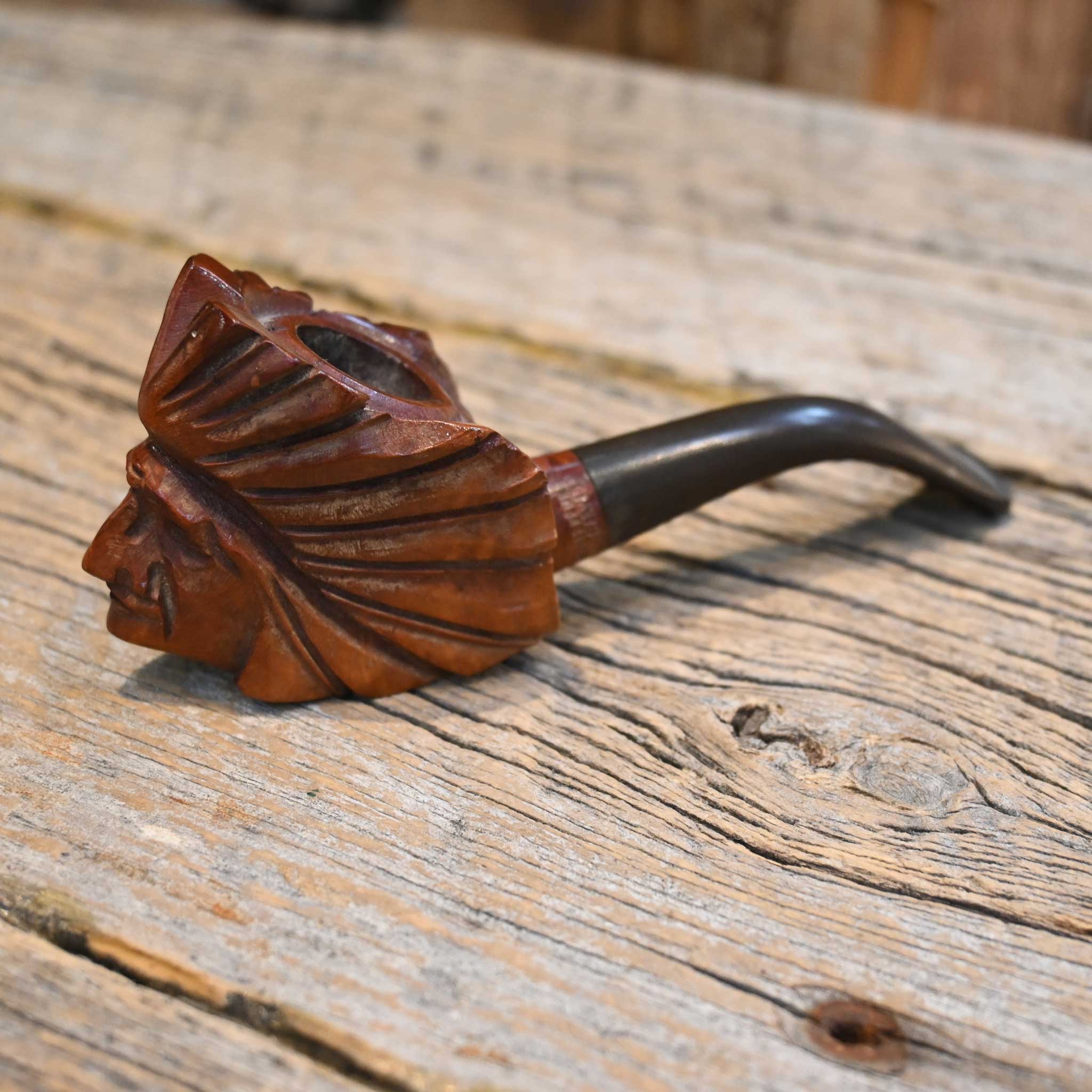 Hand Carved Briar Wood Indian Head Pipe - Image 2