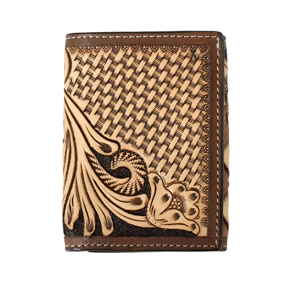 3D Tooled Floral Basketweave Trifold Wallet