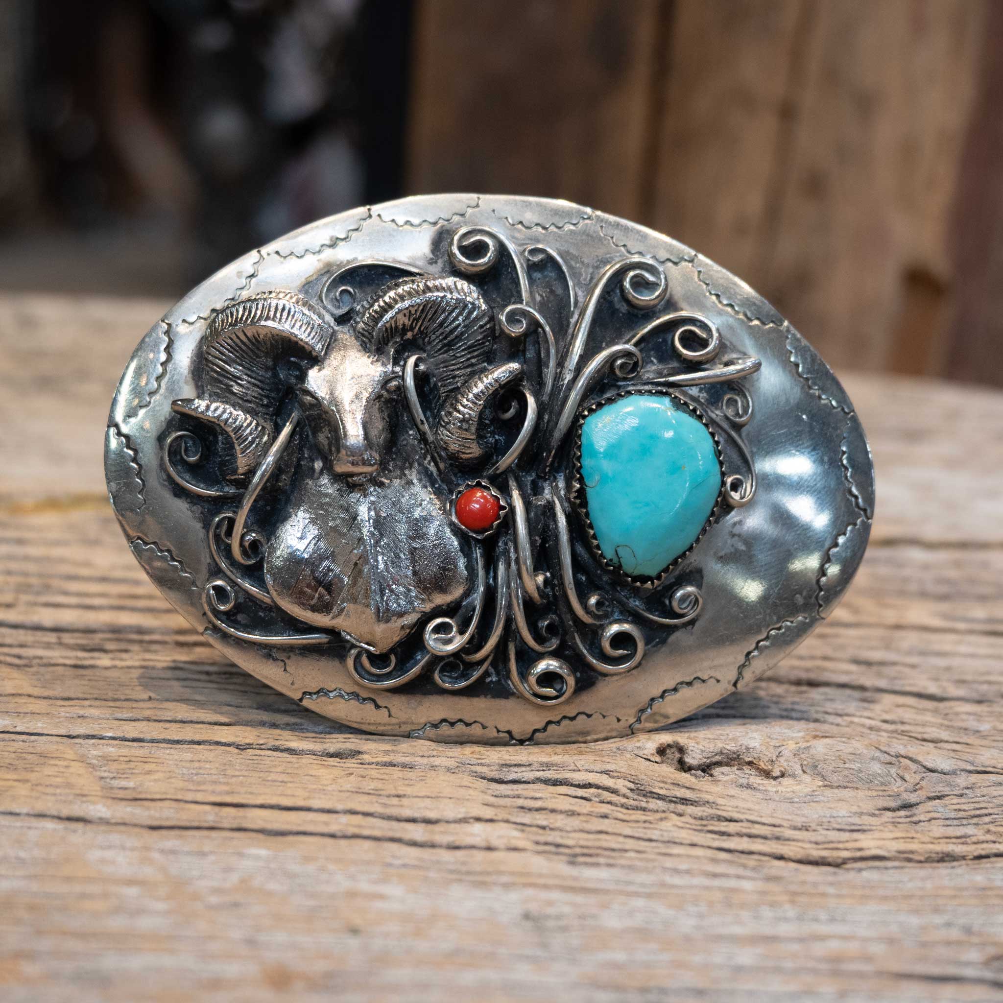 Handmade Big Horn Belt Buckle w/Turquoise Stone
