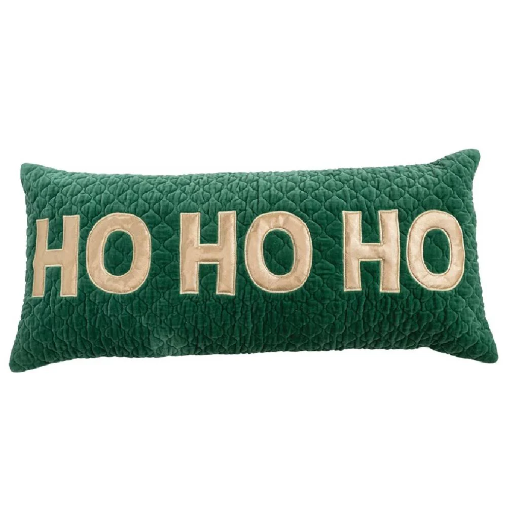 Green HO HO HO Velvet Quilted Lumbar Pillow - FINAL SALE